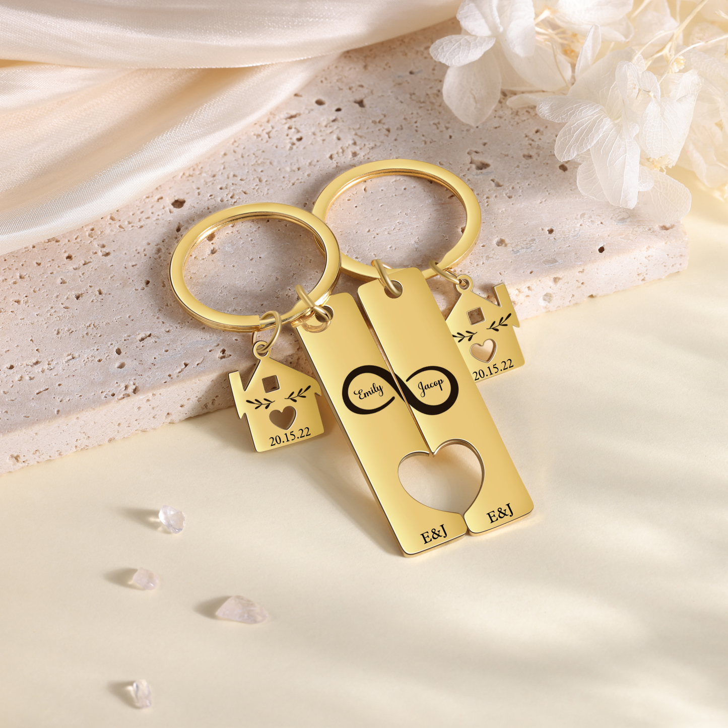 Porte-Clés Infini 2 Prénoms et 2 Lettres Personnalisés avec 2 Dates pour Couple