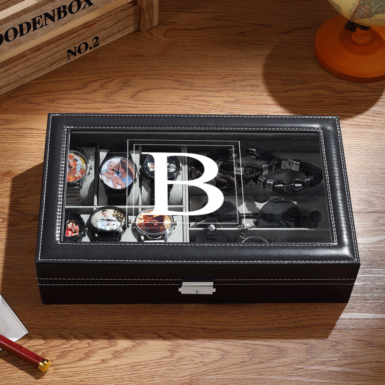 Boîte à Montre et Bijoux 1 Lettre Personnalisée Coffret Cadeau pour Hommes