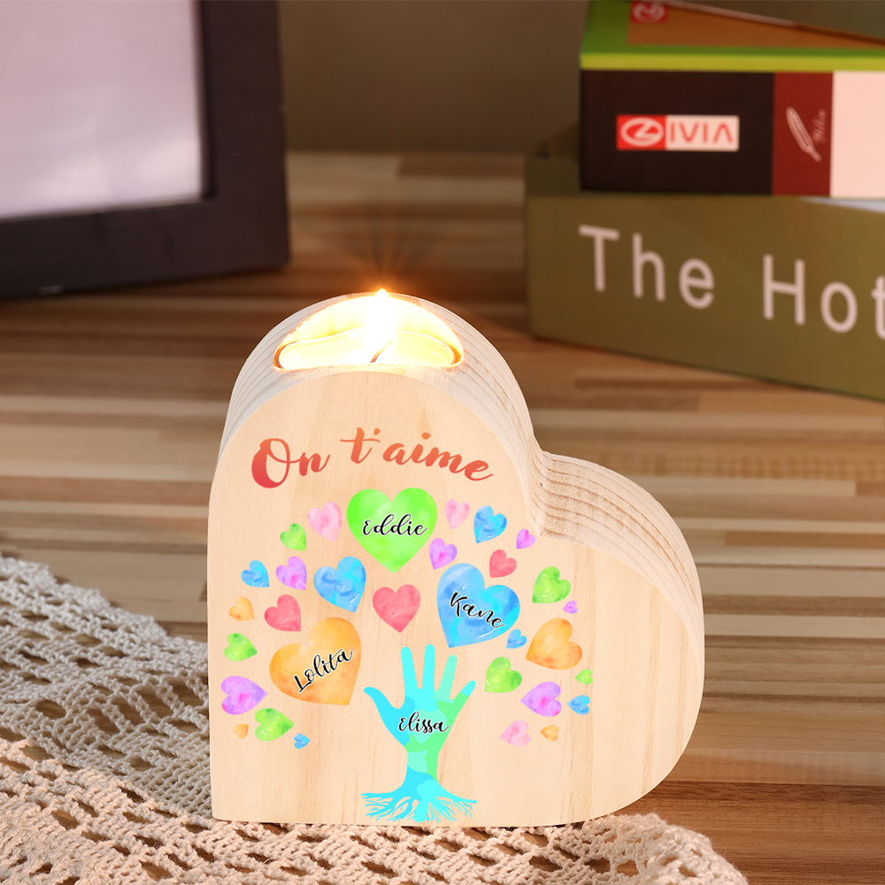Bougeoir en Bois 4 Prénoms Personnalisés avec Texte sans bougie pour Famille