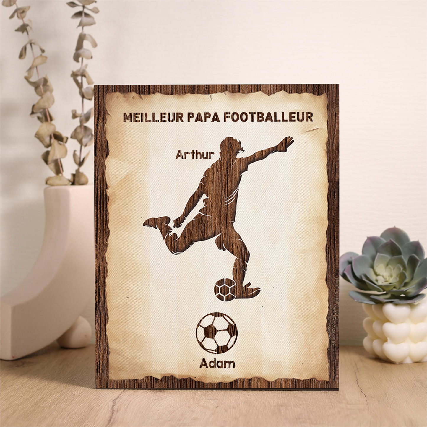 À Mon Papa-Cadre en Bois Football 2 Prénoms Personnalisés