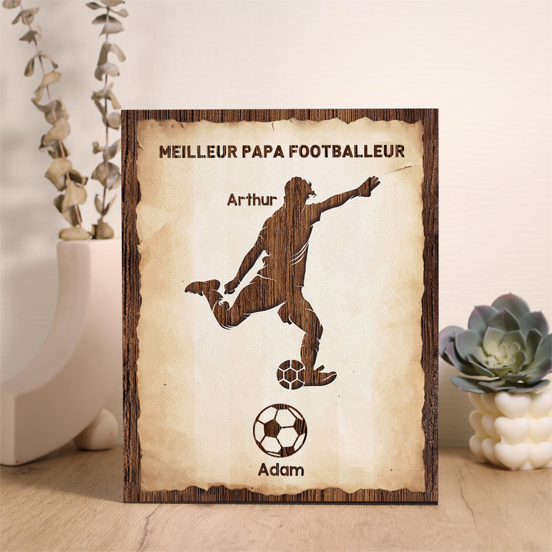 À Mon Papa-Cadre en Bois Football 2 Prénoms Personnalisés