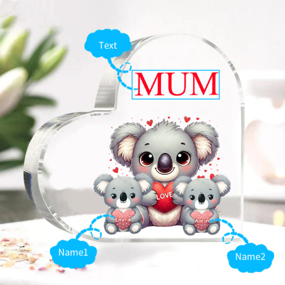 À ma Maman/Mamie - Plaque Acrylique en Forme de Cœur Koala 2 Prénoms Personnalisés avec 1 Texte