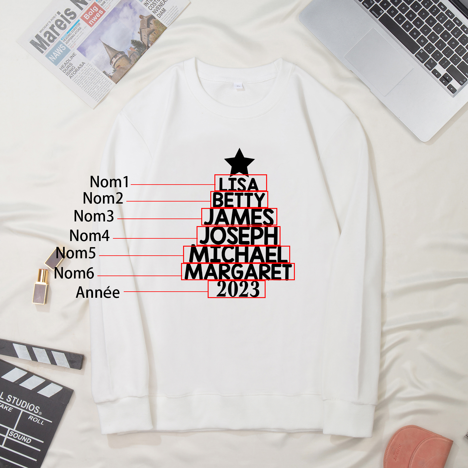 Sweat-Shirt de Noël 6 Prénoms Personnalisés avec Année