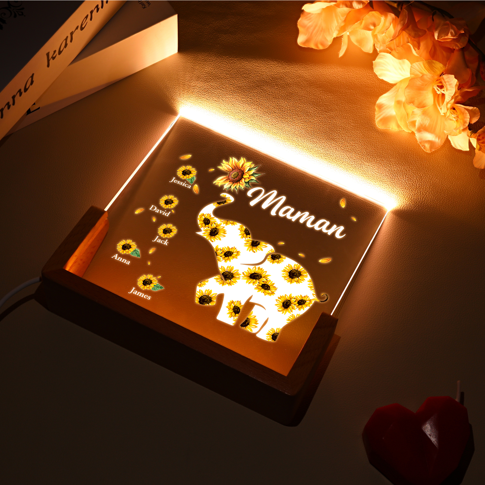 À Maman/Mamie - Lampe de chevet LED Éléphants 5 Prénoms Personnalisés avec Texte