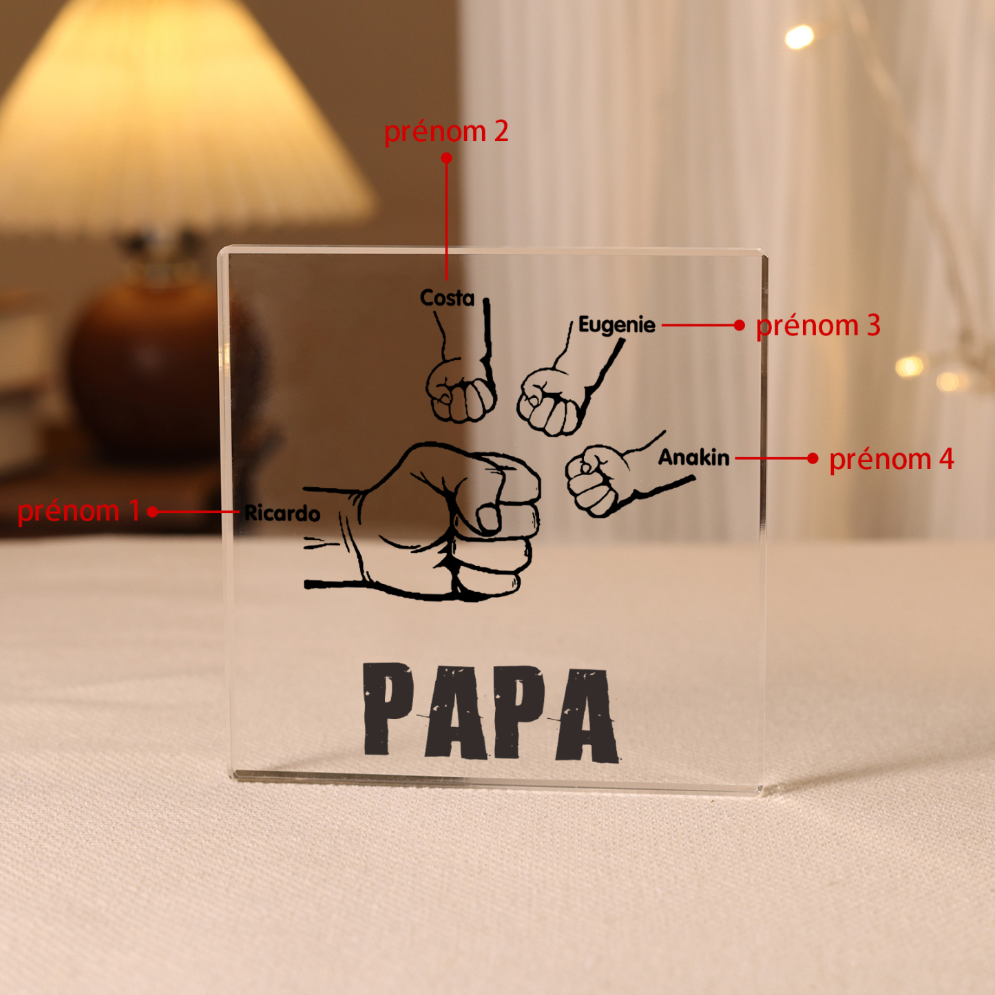 À mon Papa - Plaque Acrylique Carrée Poings 4 Prénoms Personnalisés