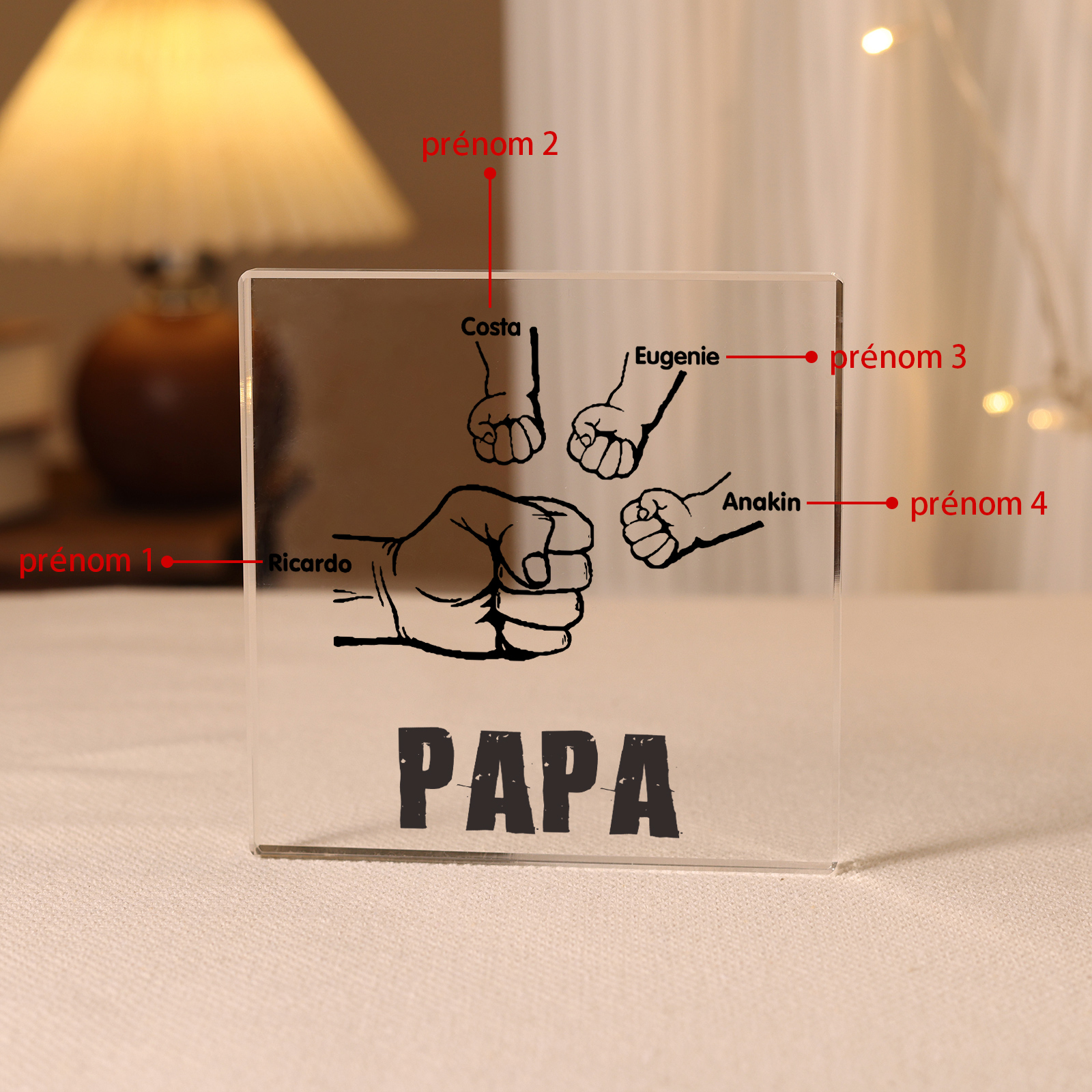 À mon Papa - Plaque Acrylique Carrée Poings 4 Prénoms Personnalisés