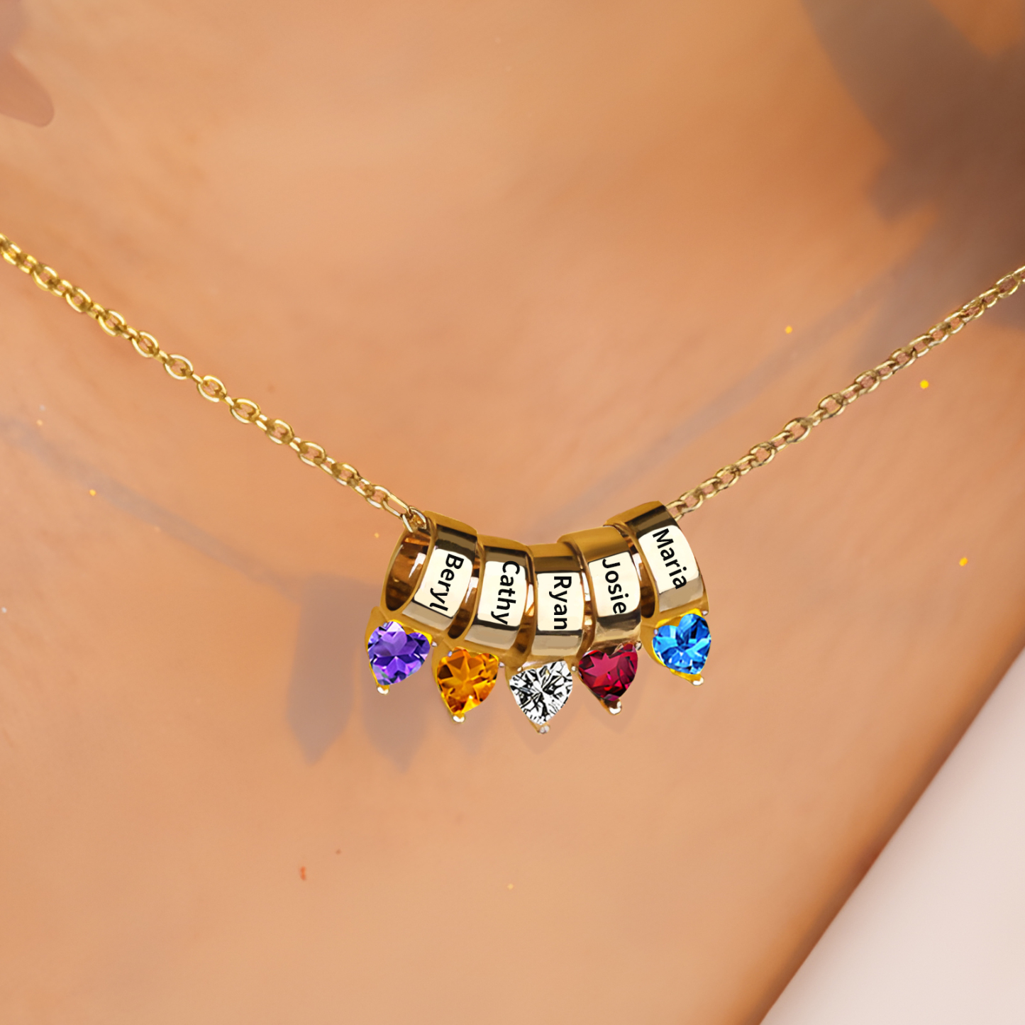 Collier Pendentif Cœur 5 Prénoms et Pierres de Naissance Personnalisés Collier Femmes
