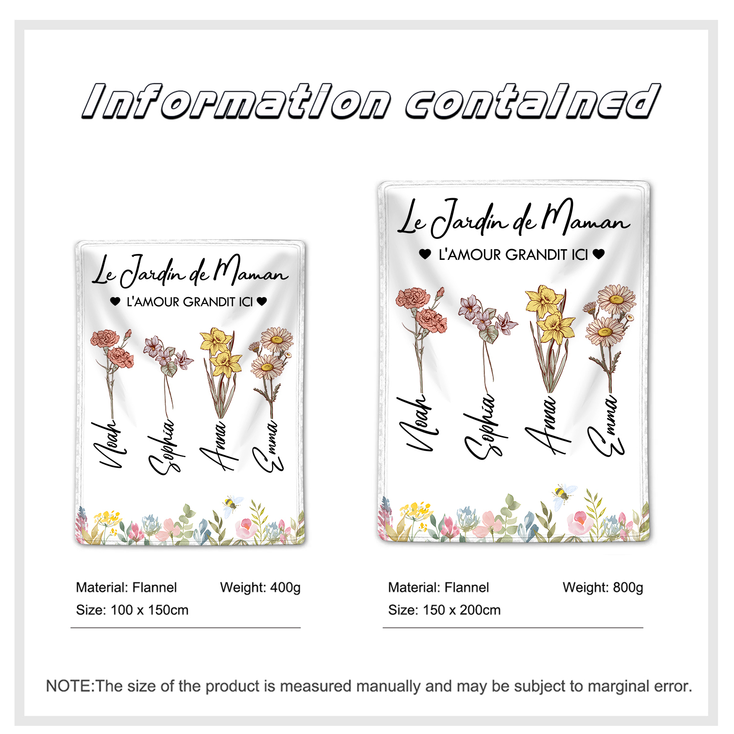 À ma Maman - Plaid Personnalisé avec 4 Prénoms et Fleurs de Naissance Couverture le jardin de Maman en Flanelle Blanc ou Rose | Jessemade