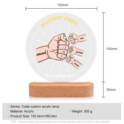 À Papa/Papi - Lampe de chevet LED Lumières Poings 4 Prénoms et 2 Textes Personnalisés pour Famille