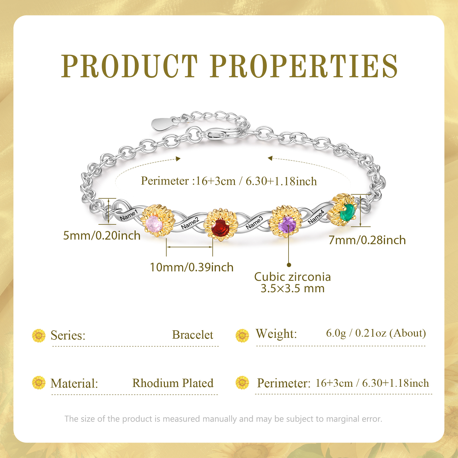 Bracelet Fleurs 4 Prénoms Personnalisés avec 4 Pierres de Naissance pour Femme