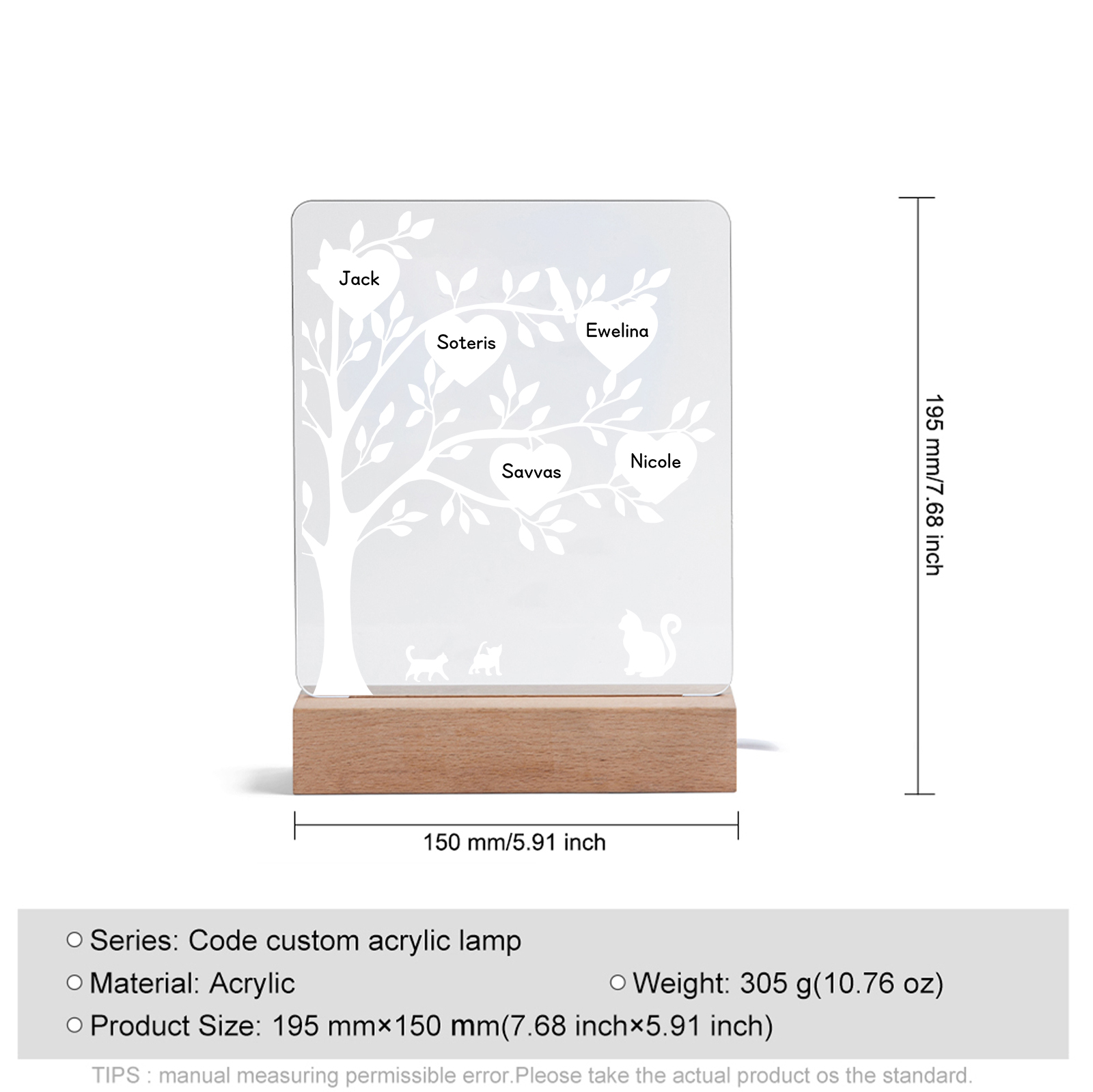 À Maman/Mamie - Lampe de chevet LED Arbre et Chat 5 Prénoms Personnalisés