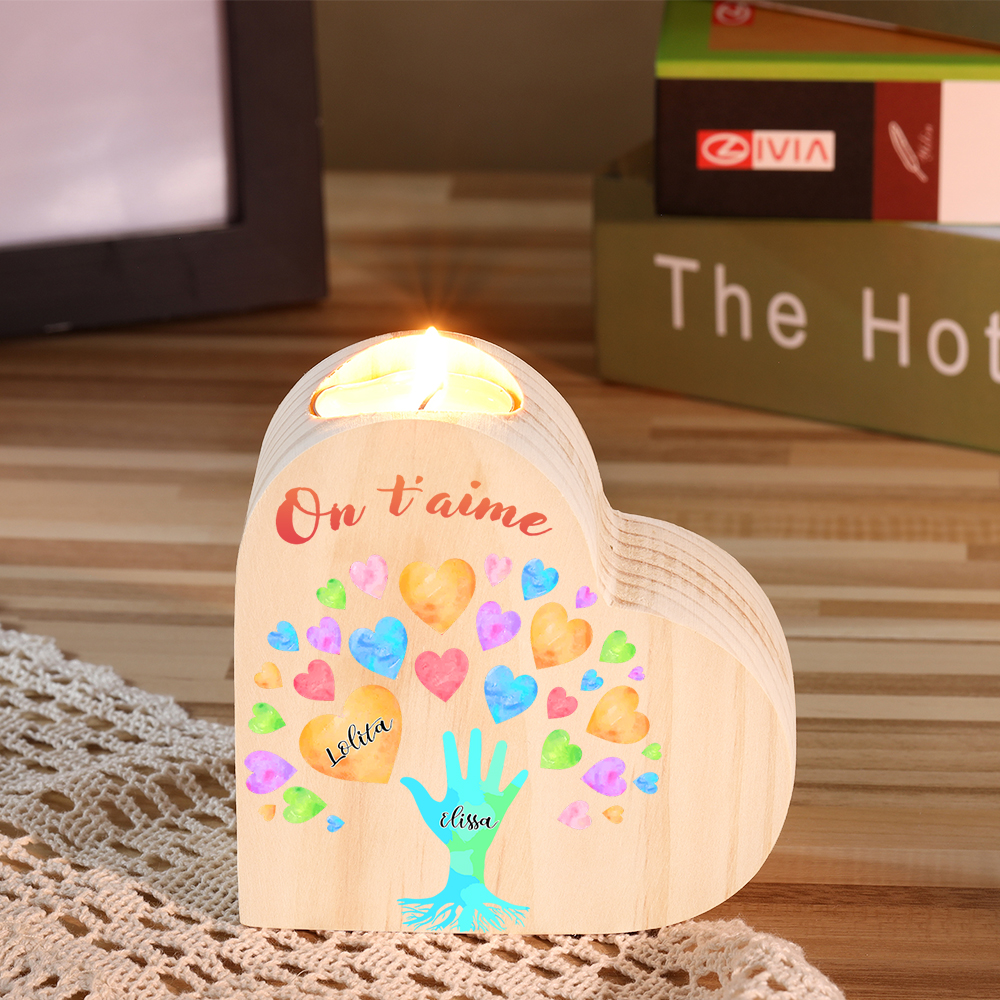 Bougeoir en Bois 2 Prénoms Personnalisés avec Texte sans bougie pour Famille