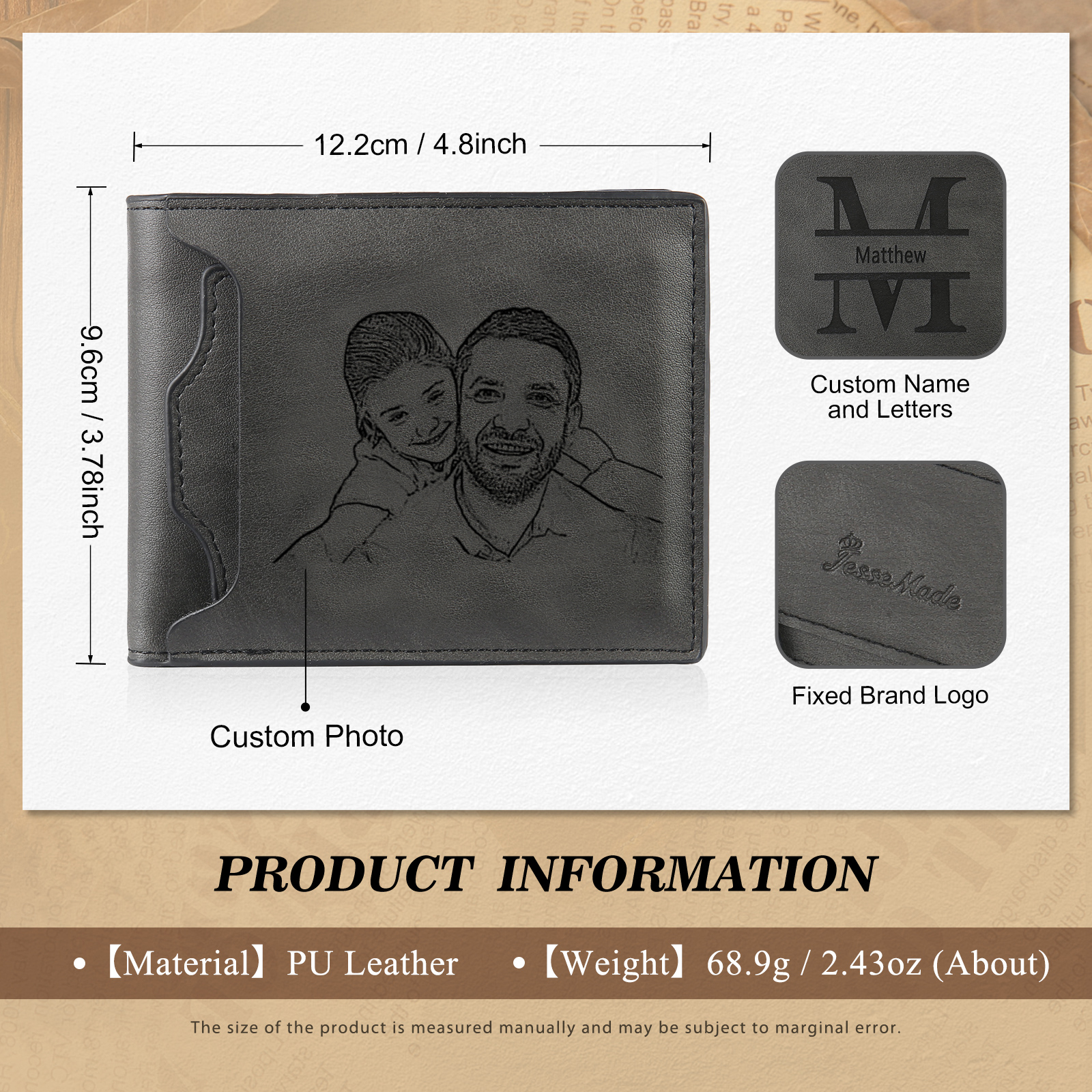 Coffret Cadeau 3PCS - Portefeuille classique Porte-Clés et Stylo 1 Prénom et Lettre Personnalisés avec 2 Textes et 2 Photos Coffret Cadeau pour Homme