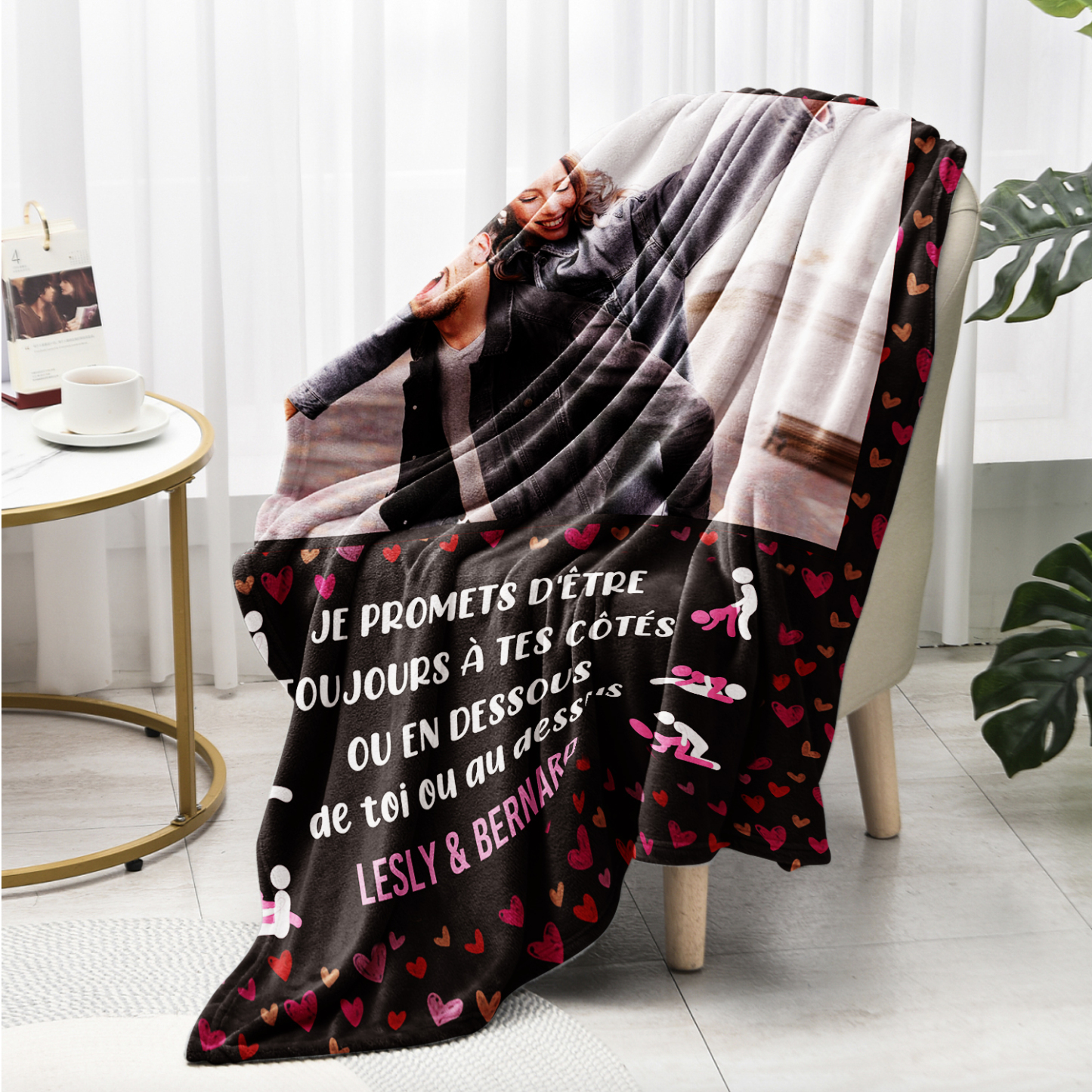 Couverture Plaids Polaire 2 Prénoms Personnalisés avec Photo pour Couple