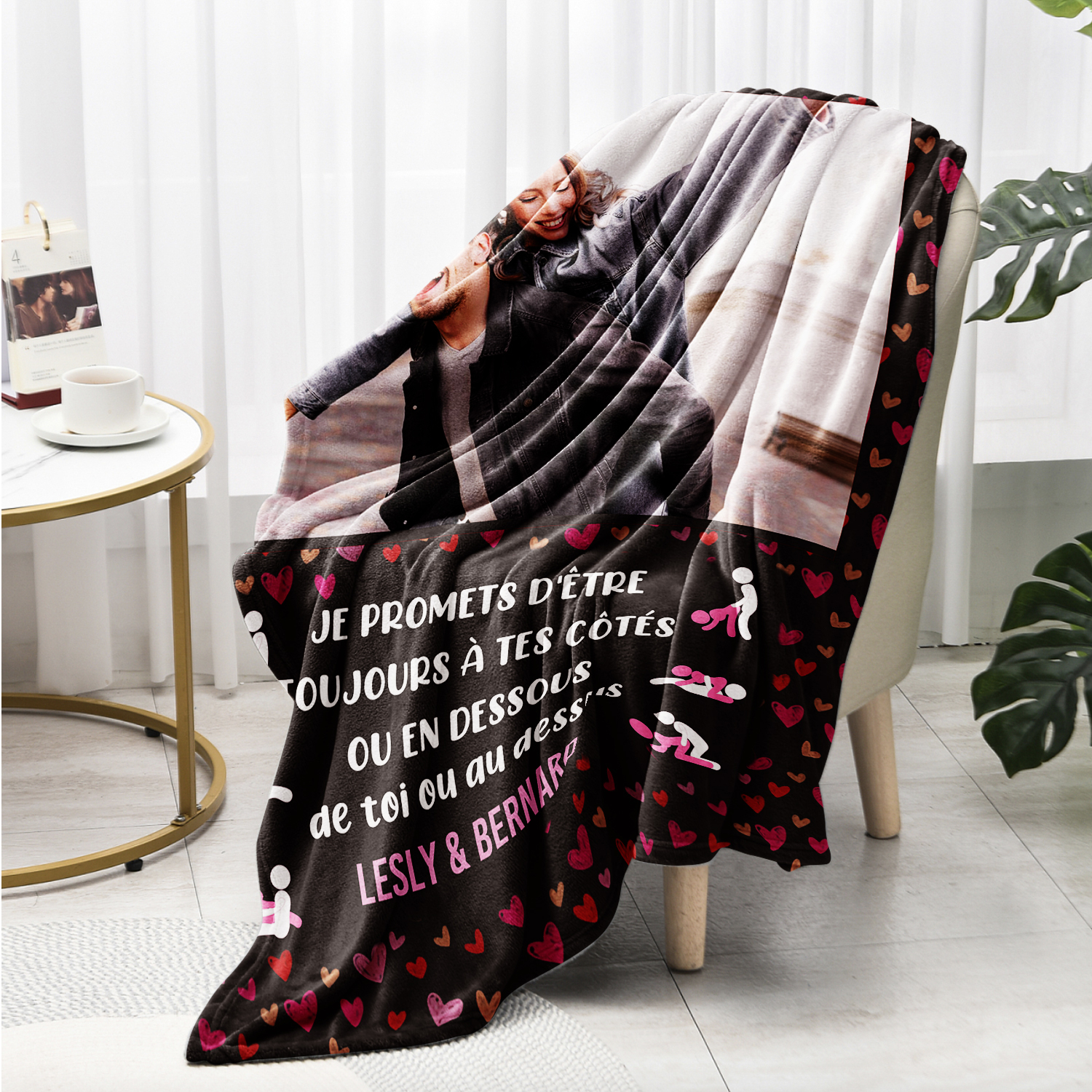 Couverture Plaids Polaire 2 Prénoms Personnalisés avec Photo pour Couple