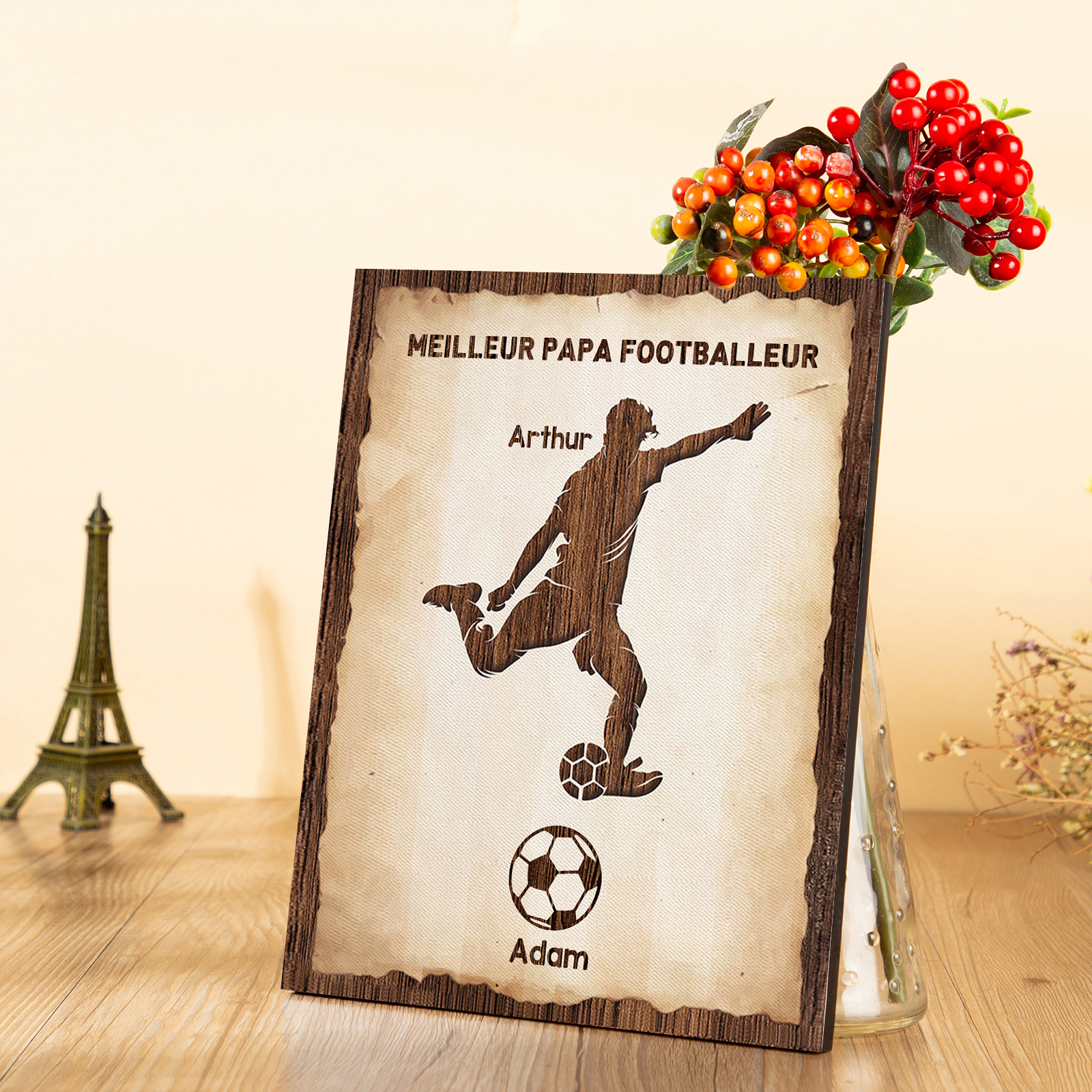 À Mon Papa-Cadre en Bois Football 2 Prénoms Personnalisés