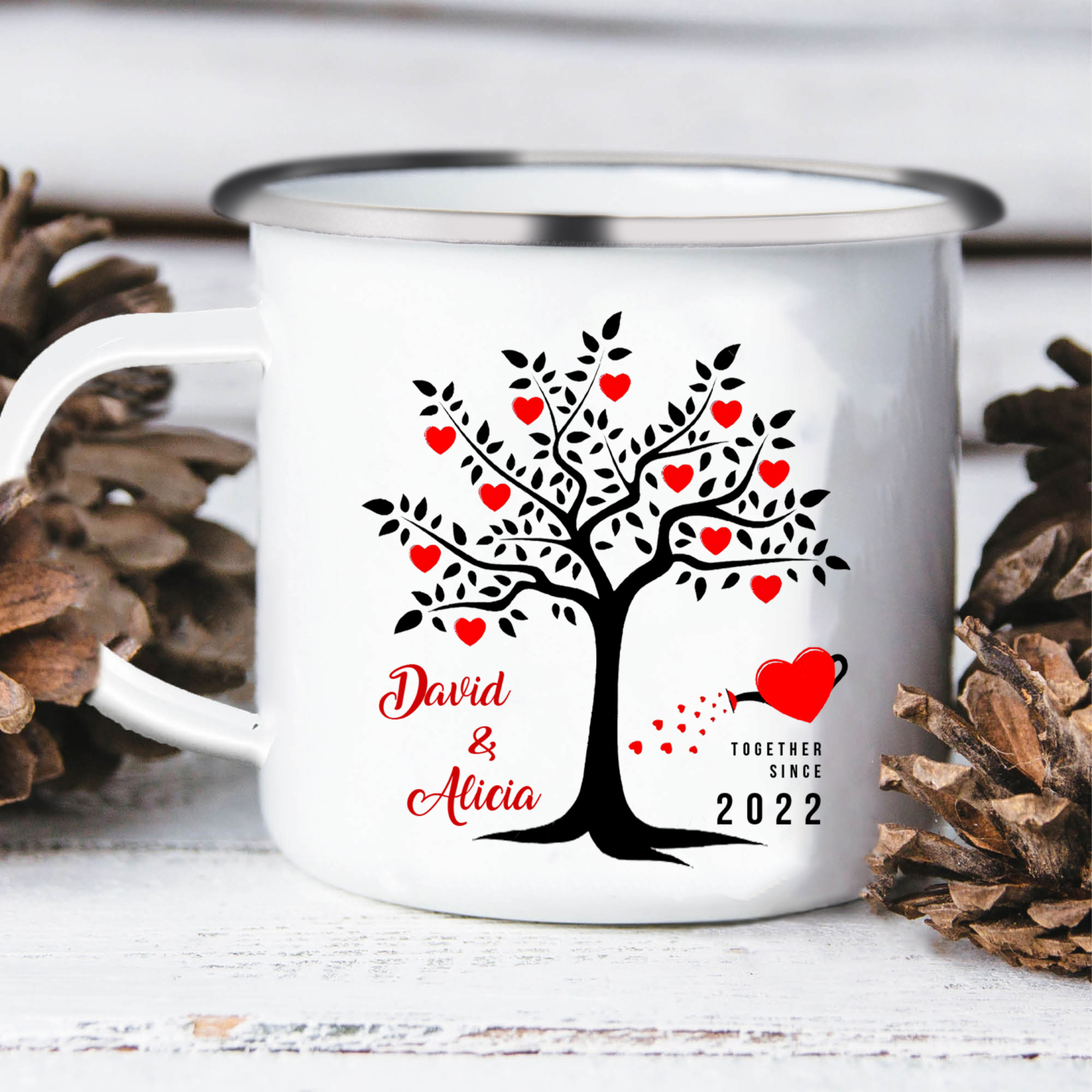 Tasse émaillée 2 Prénoms Personnalisés avec Texte et Année pour Couple