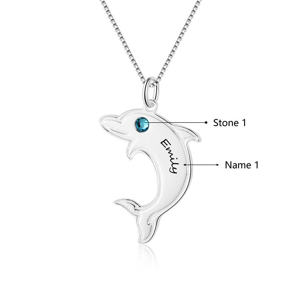 Collier dauphin 1 Prénom Personnalisé avec 1 Pierre de Naissance