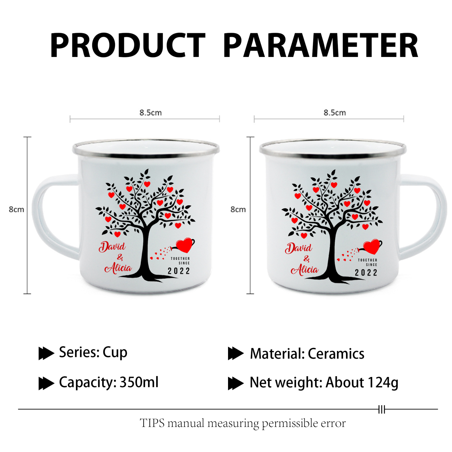 Tasse émaillée 2 Prénoms Personnalisés avec Texte et Année pour Couple