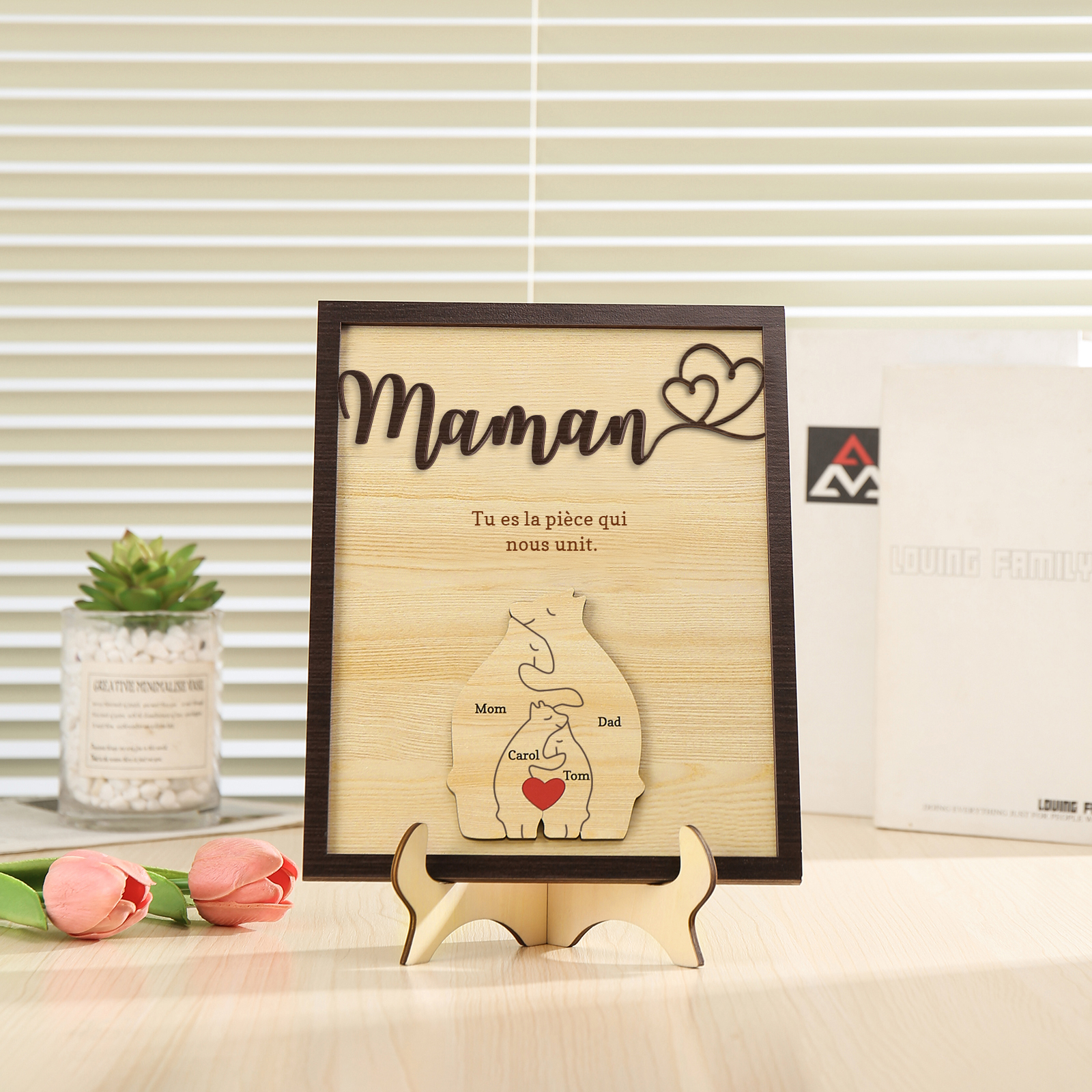 À ma Maman - Décoration en bois Ours 4 Prénoms Personnalisés Ornement pour Famille