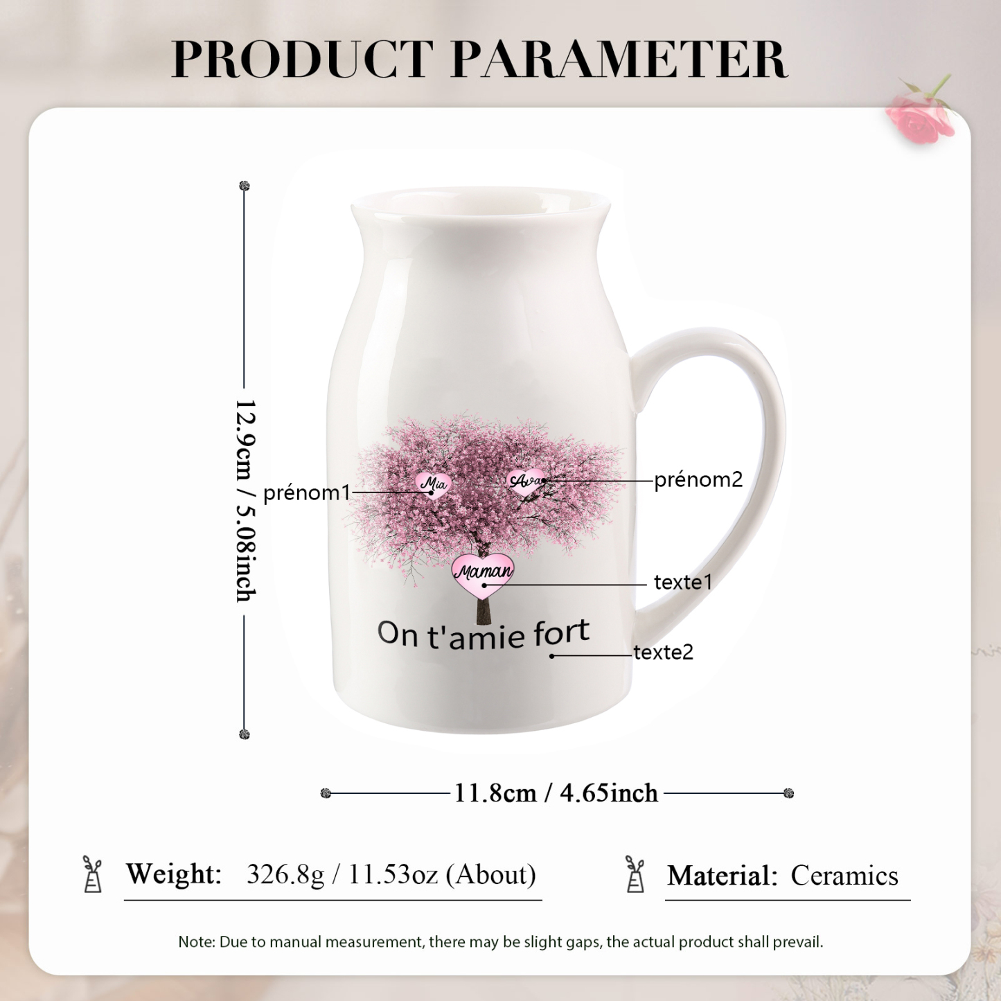 Vase à Fleurs Arbre 2 Prénoms Personnalisés avec 2 Textes Décoration de la Maison