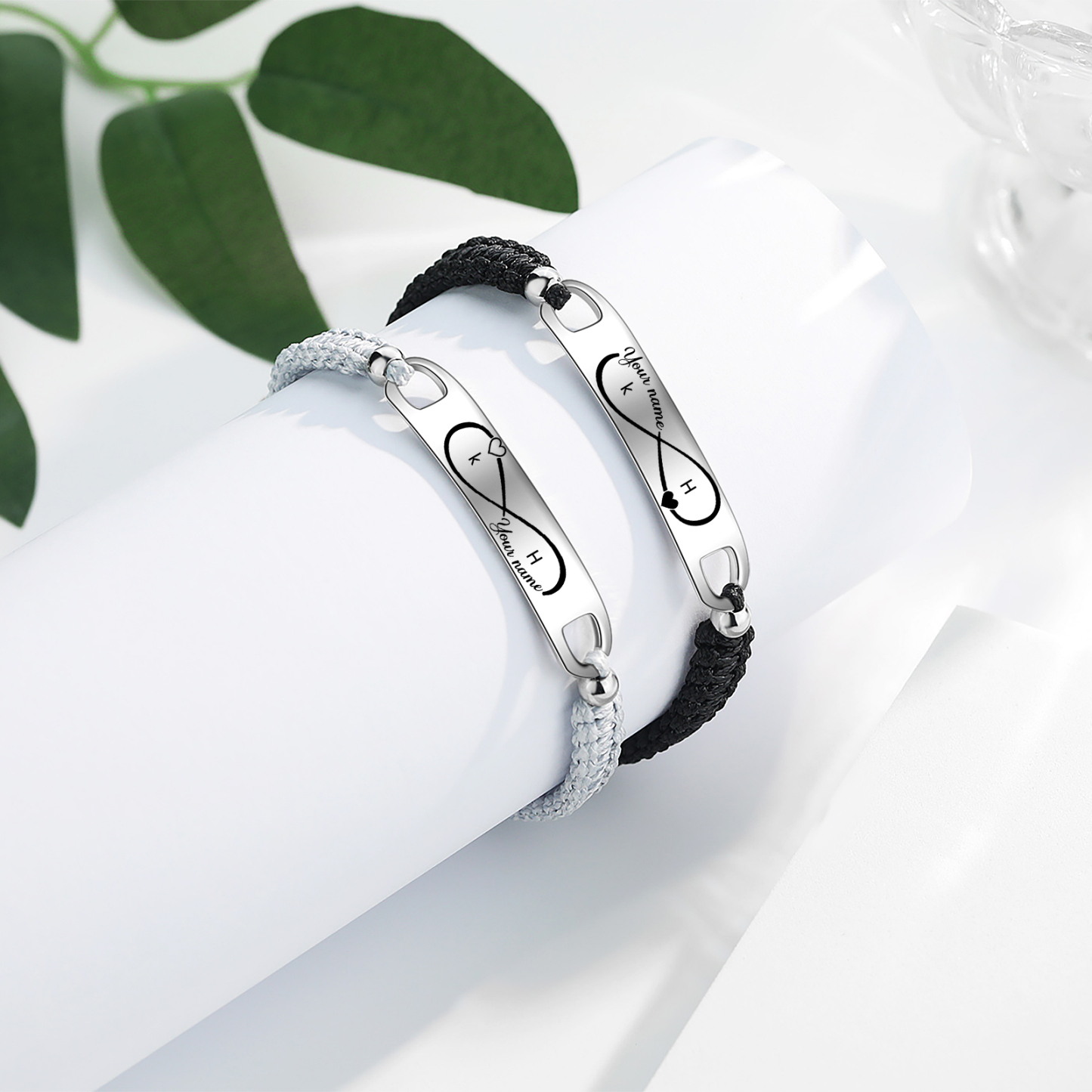 Bracelet couple 2PCS avec 2 Prénoms Personnalisé avec 2 lettres bracelet en commun Noeud Coulissant