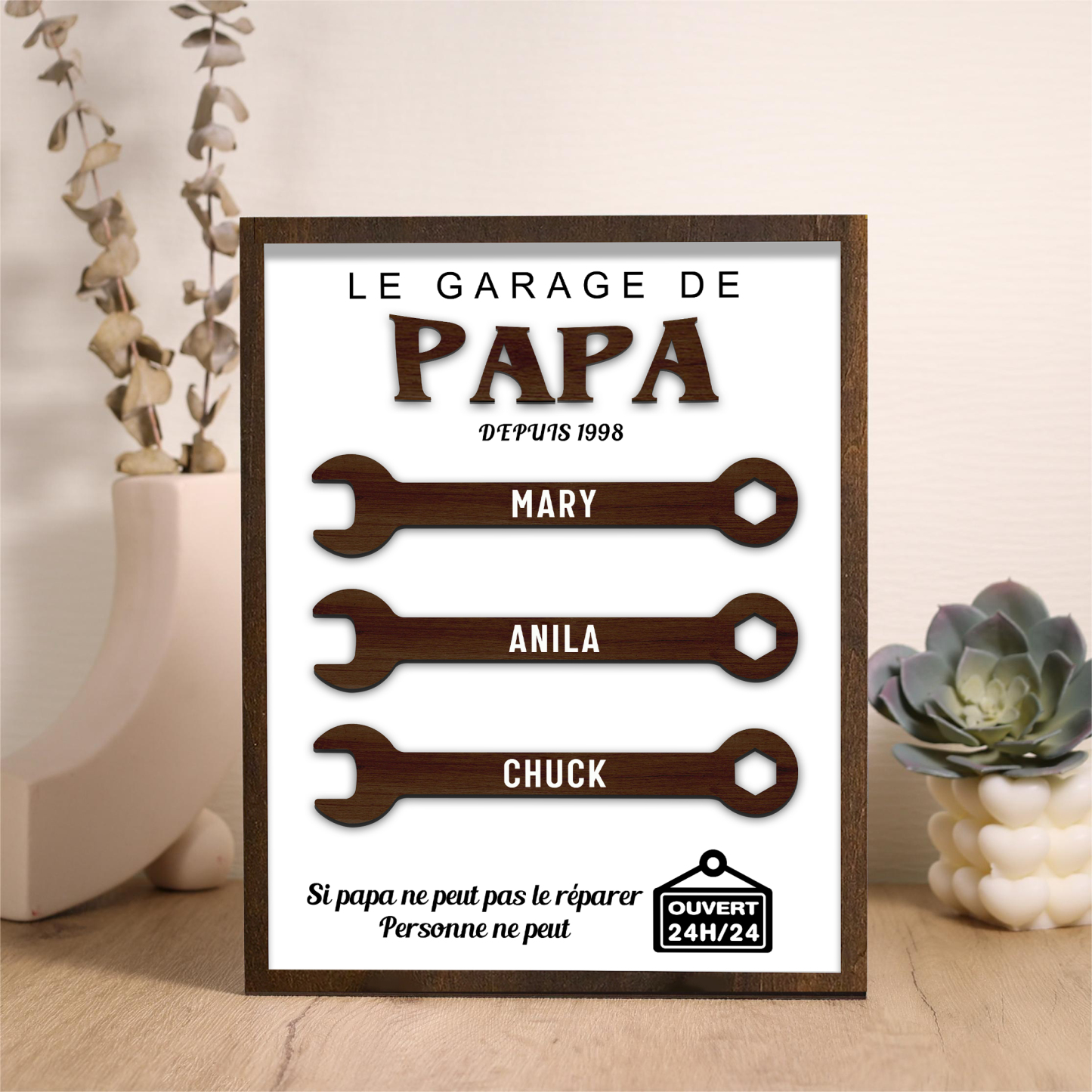 À Mon Papa-Cadre en Bois Garage 3 Prénoms Personnalisés | Jessemade