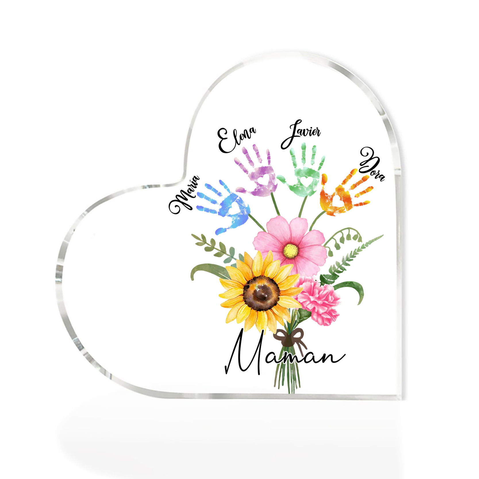 À ma Maman - Plaque Acrylique en Forme de Cœur fleurs 4 Prénoms Personnalisés