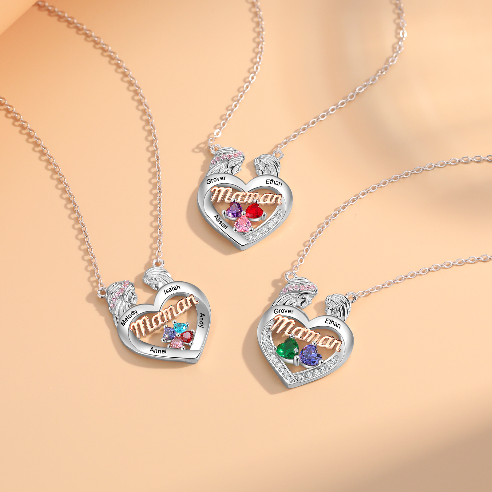 Collier mère et fille Cœur 2 Prénoms Personnalisé avec 2 pierres de naissance