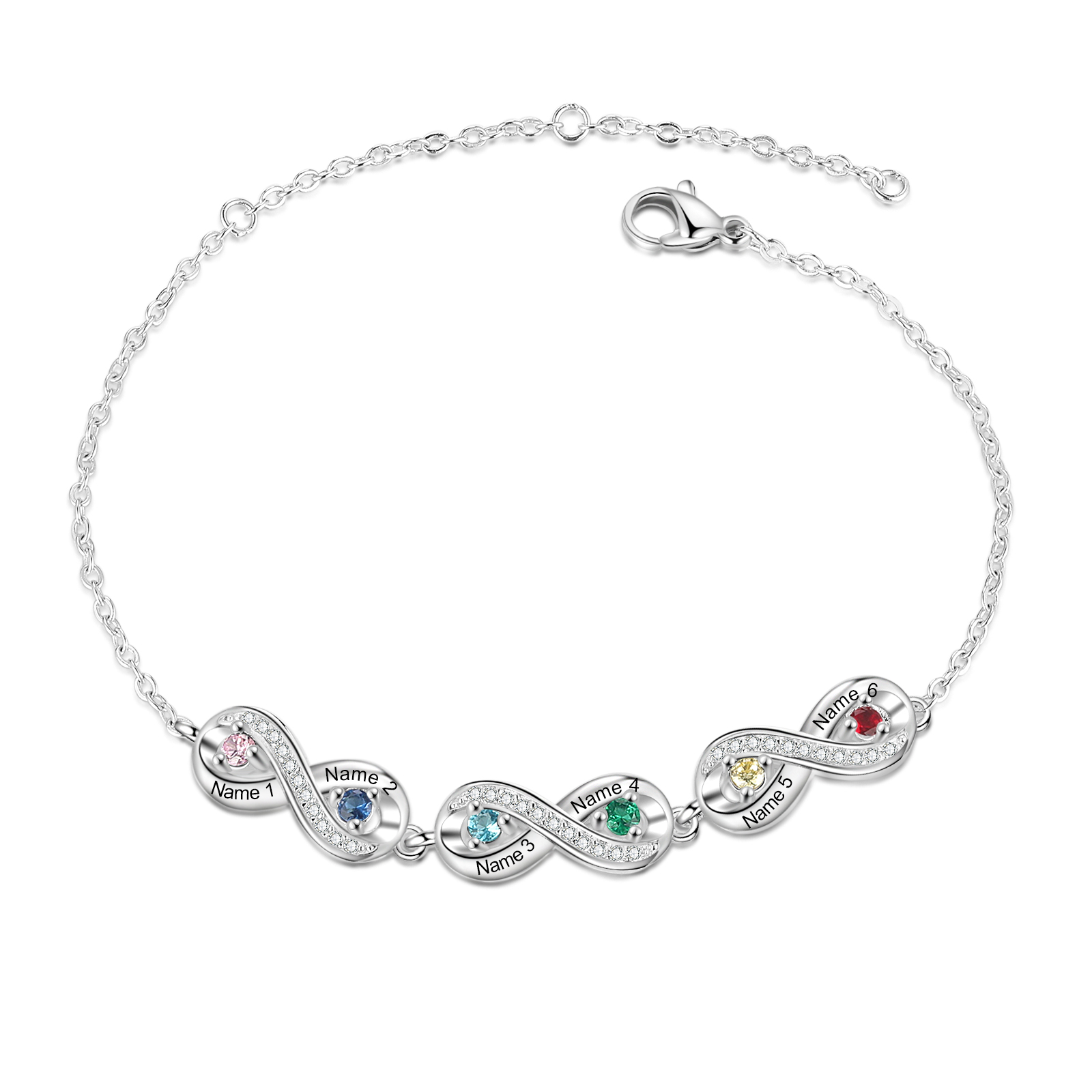 Bracelet Infini 6 Prénoms Personnalisé avec 6 Pierres de Naissance