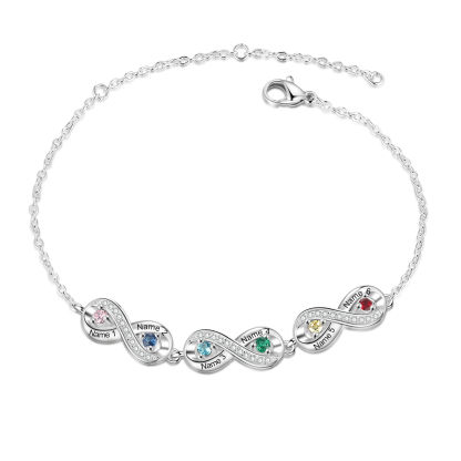 Bracelet Infini 6 Prénoms Personnalisé avec 6 Pierres de Naissance