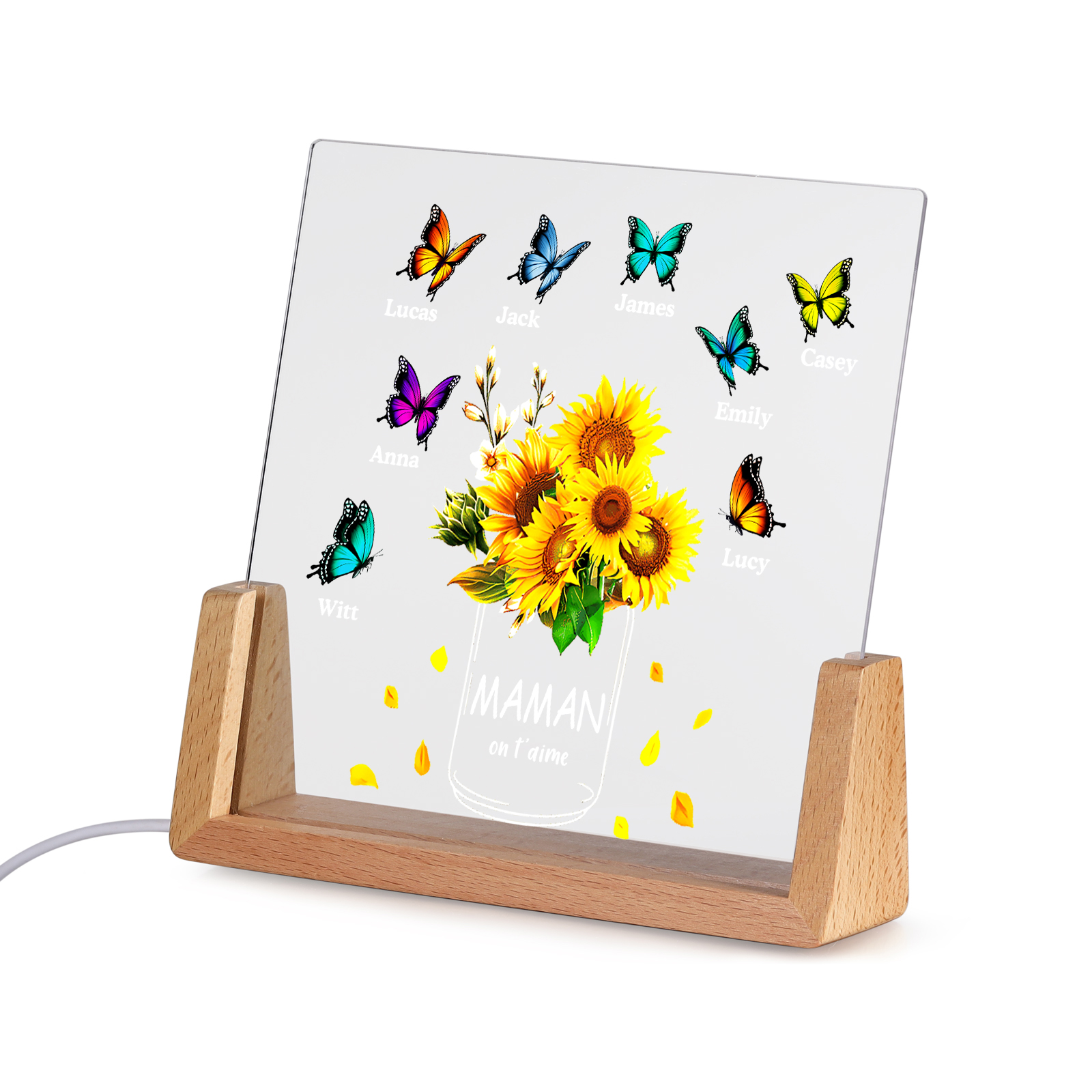 À Maman/Mamie - Lampe de chevet LED Tournesol 8 Prénoms Personnalisés avec 2 Textes pour Famille