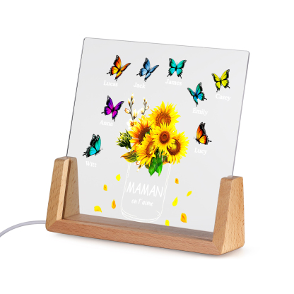 À Maman/Mamie - Lampe de chevet LED Tournesol 8 Prénoms Personnalisés avec 2 Textes pour Famille