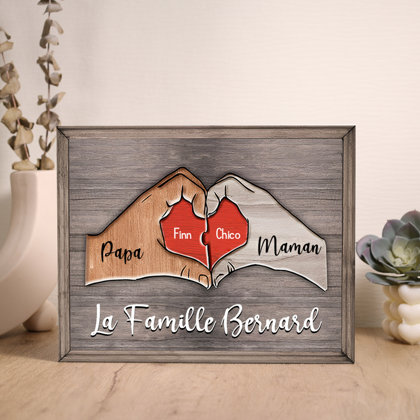À ma Famille-Cadre en Bois Puzzle 2 Prénoms Personnalisés avec Texte