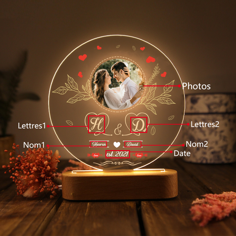 Lampe de chevet Couple LED Lumières 2 Prénoms et 2 Lettres Personnalisés avec Date et Photo