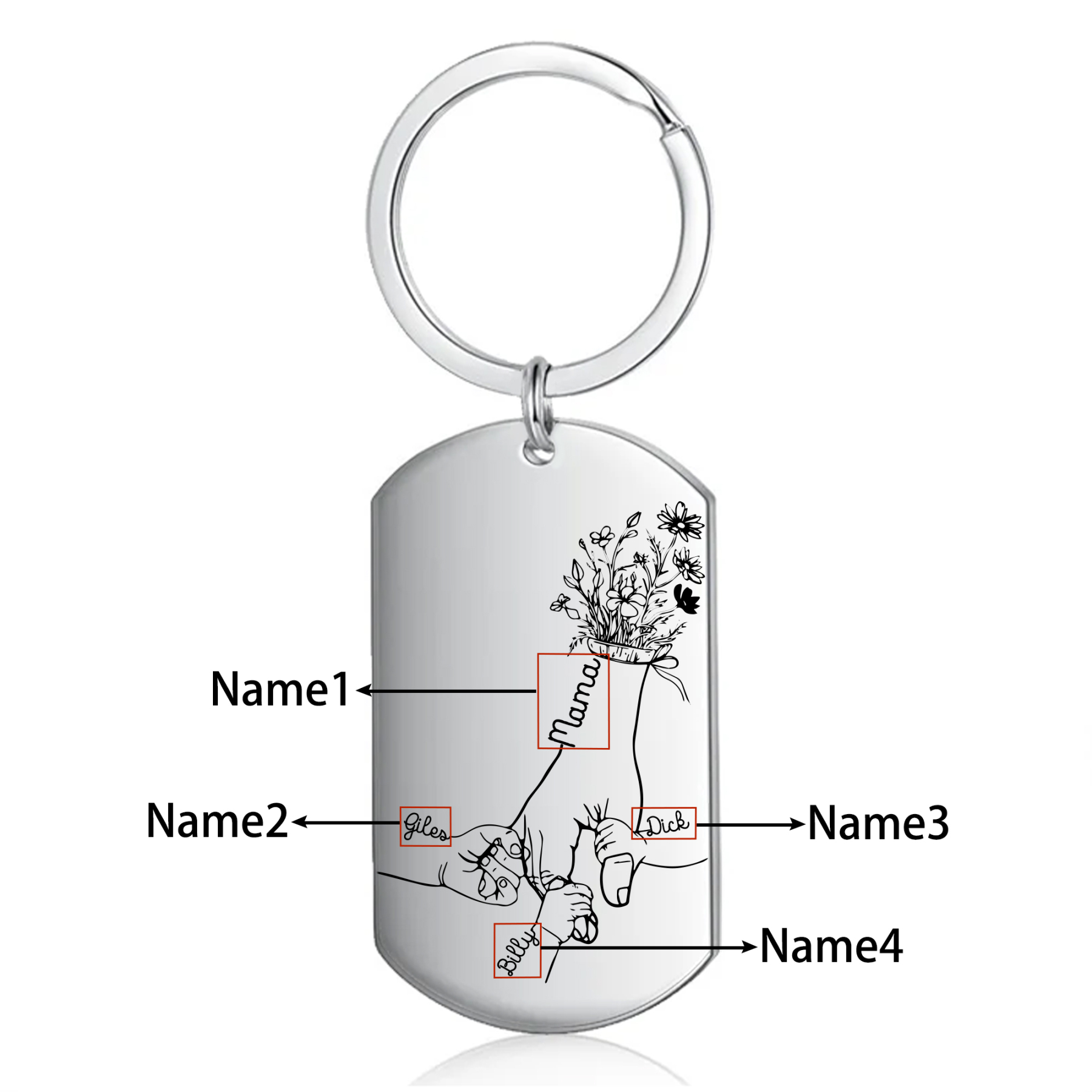 À Ma Maman - Porte-Clés la Main dans la Main 4 Prénoms Personnalisés