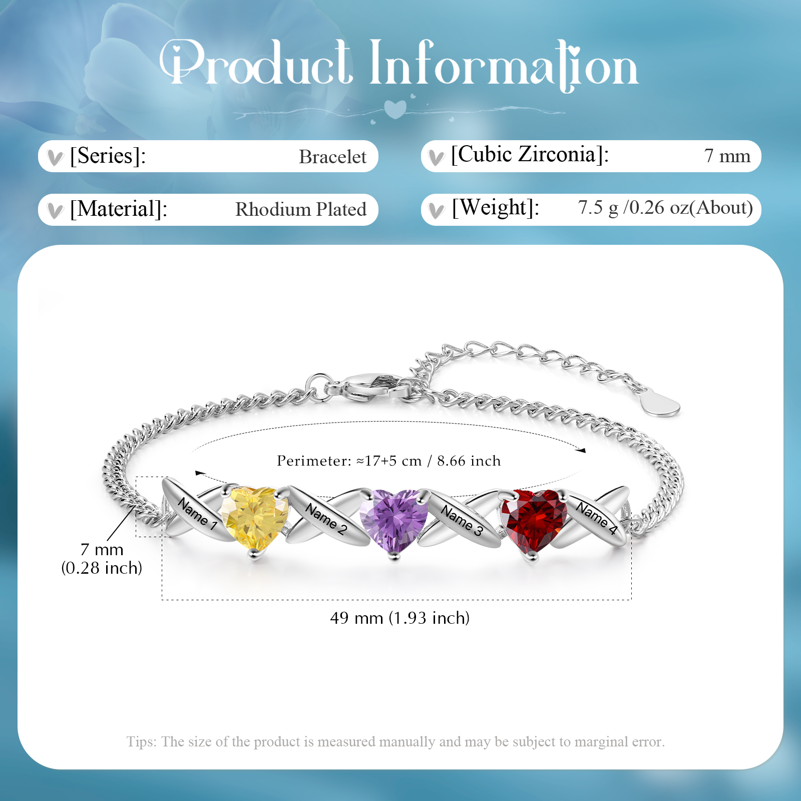 Bracelet Femmes 4 Prénoms Personnalisés avec 3 Pierres de Naissance