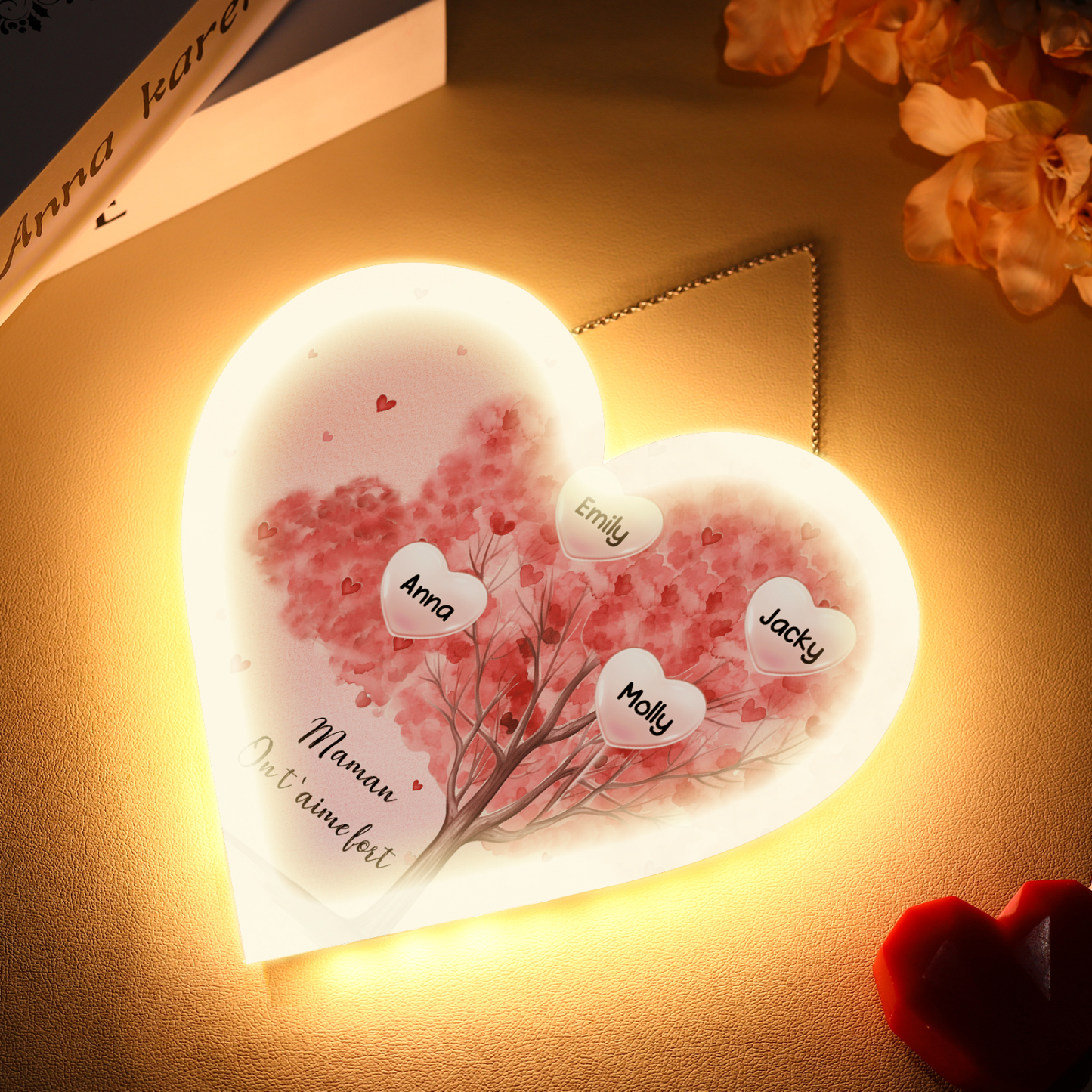 À Maman/Mamie - Veilleuse Cœur Arbre Décoration 4 Prénoms Personnalisés avec 1 Texte