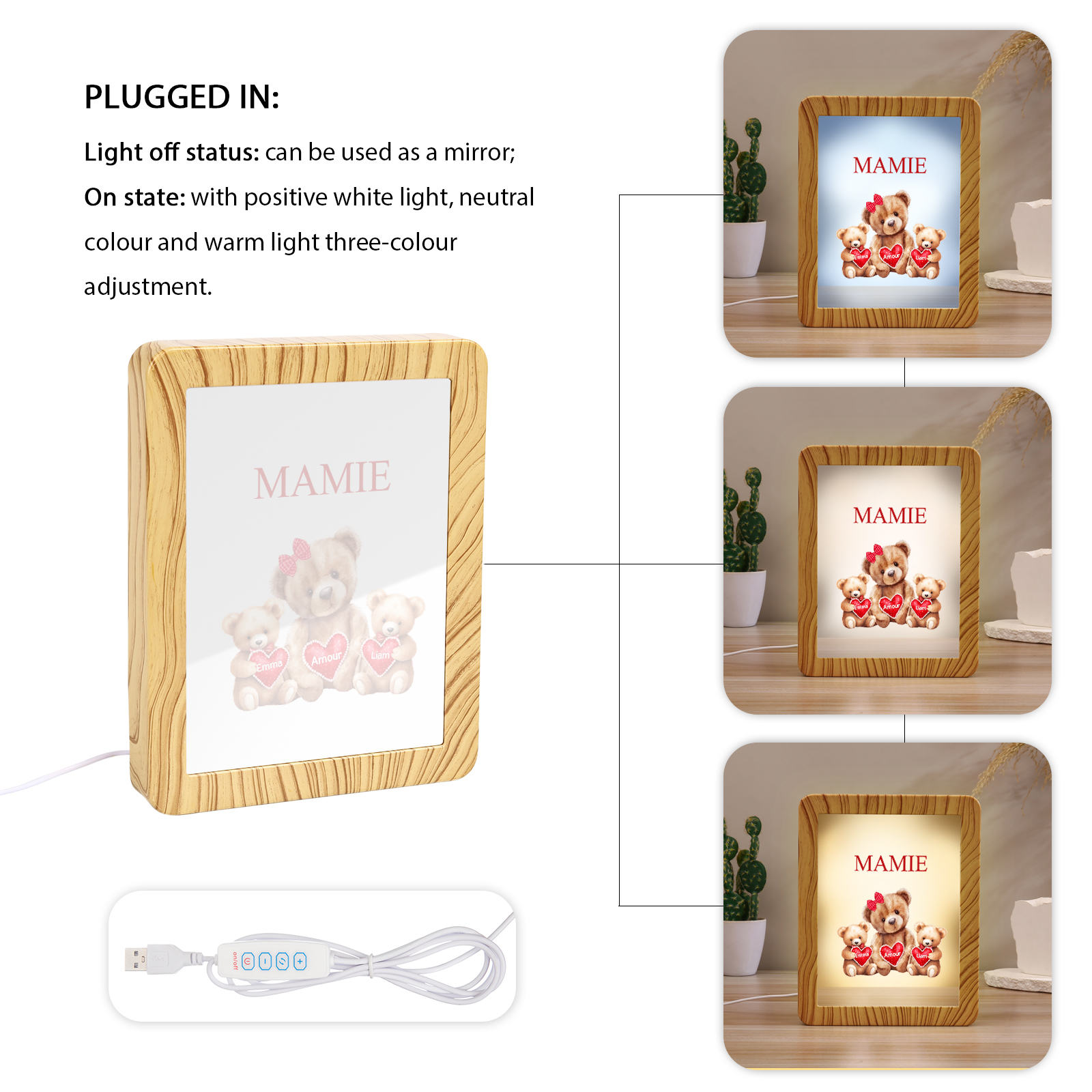 Cadre Photo/Miroir LED Multifonctionnel Ours 2 Prénoms Personnalisés avec Texte pour Famille