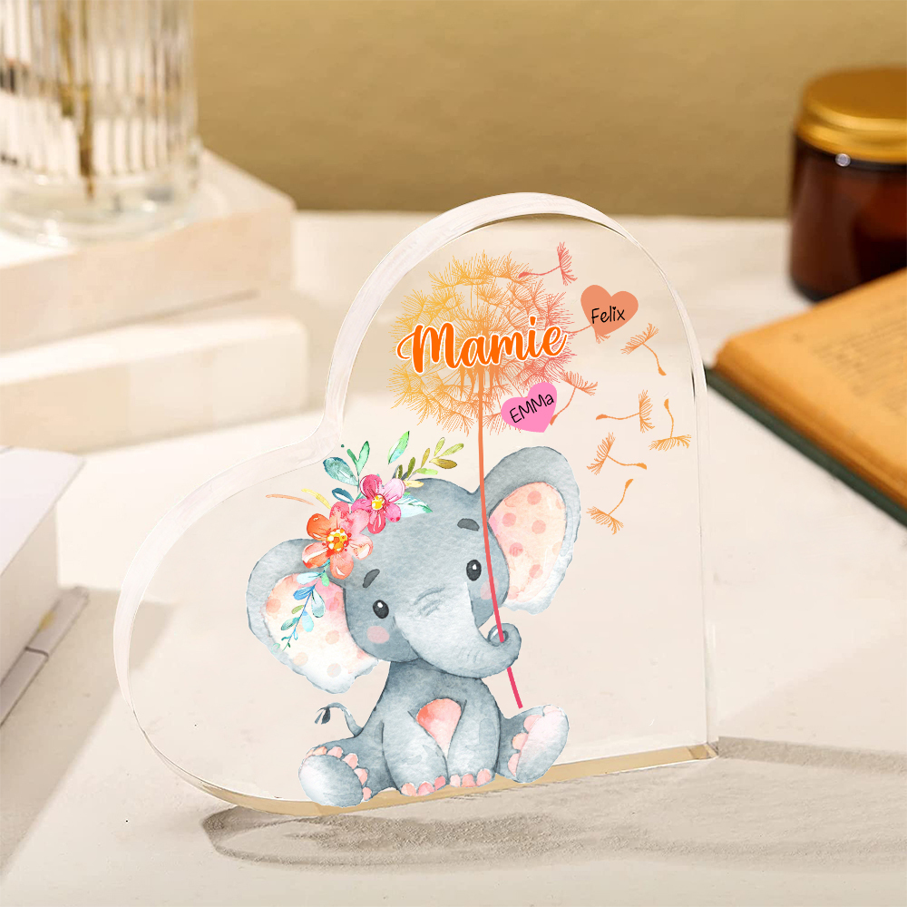 À ma Mamie - Plaque Acrylique Éléphant en Forme de Cœur 2 Prénoms Personnalisés