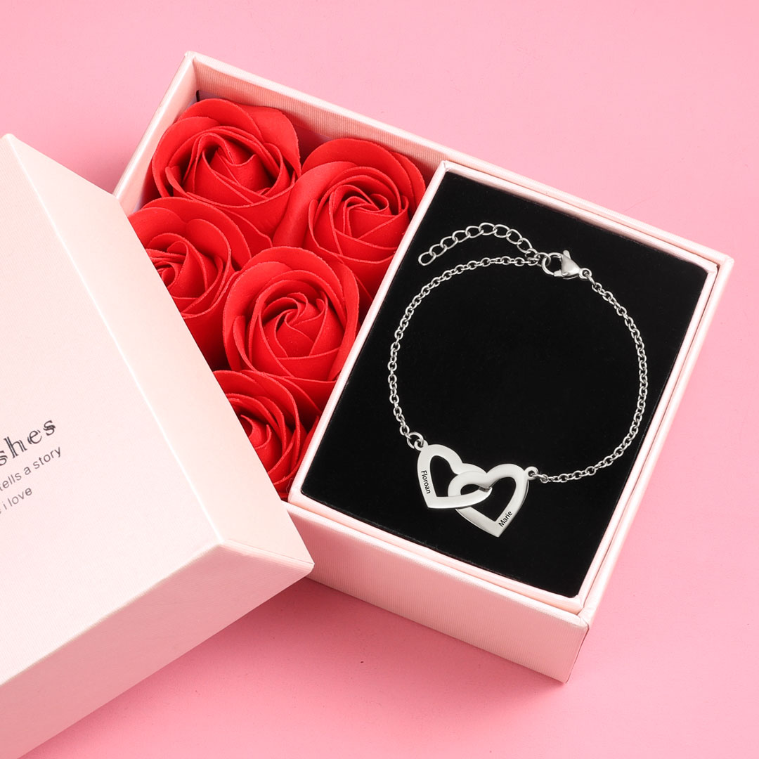 Jessemade FR Bracelet Gourmette Coeur Personnalisé Avec 2 Prénoms Bracelet pour Femme Cadeau Maman Fille Anniversaire