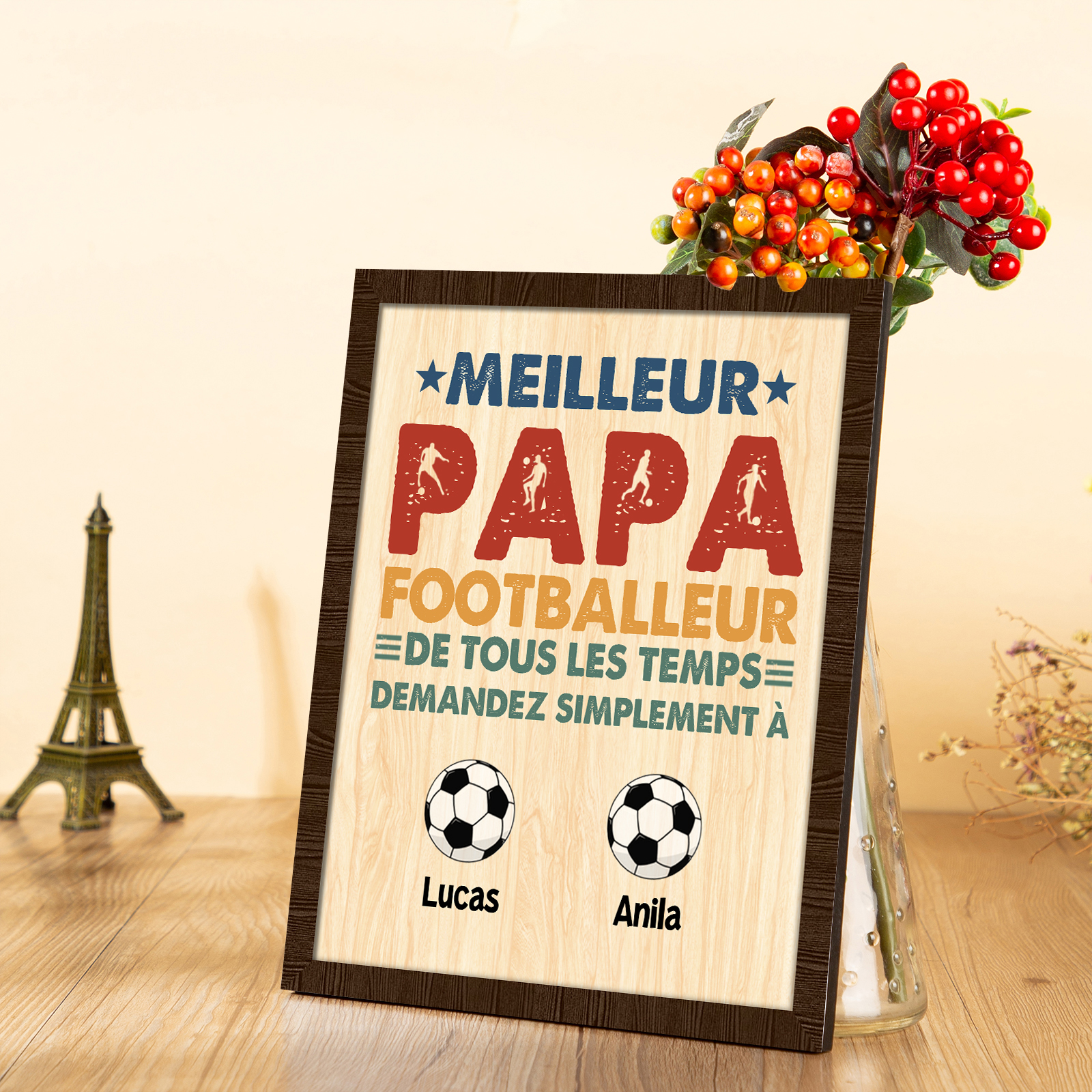 À Mon Papa-Cadre en Bois Football 2 Prénoms Personnalisés