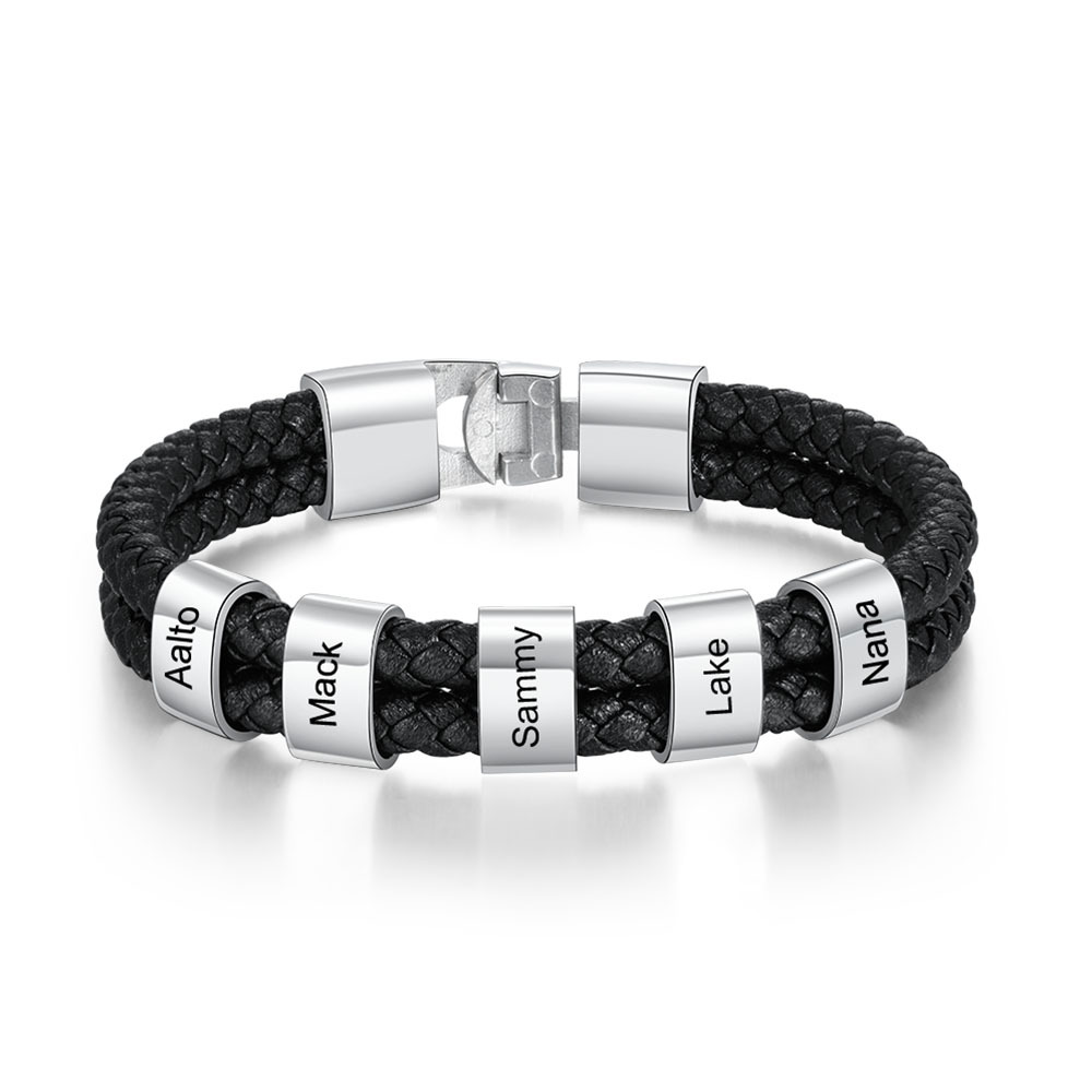 À mon homme - Bracelet en cuir tressé à perles personnalisé pour petit-ami / mari avec 5 prénoms gravés