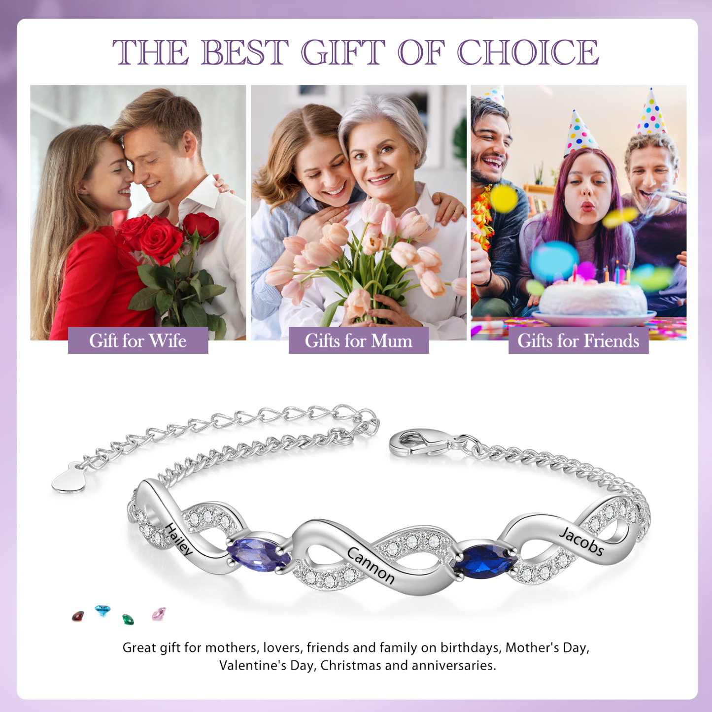 Bracelet Infini 3 Prénoms Personnalisés avec 2 Pierres de Naissance pour Femme