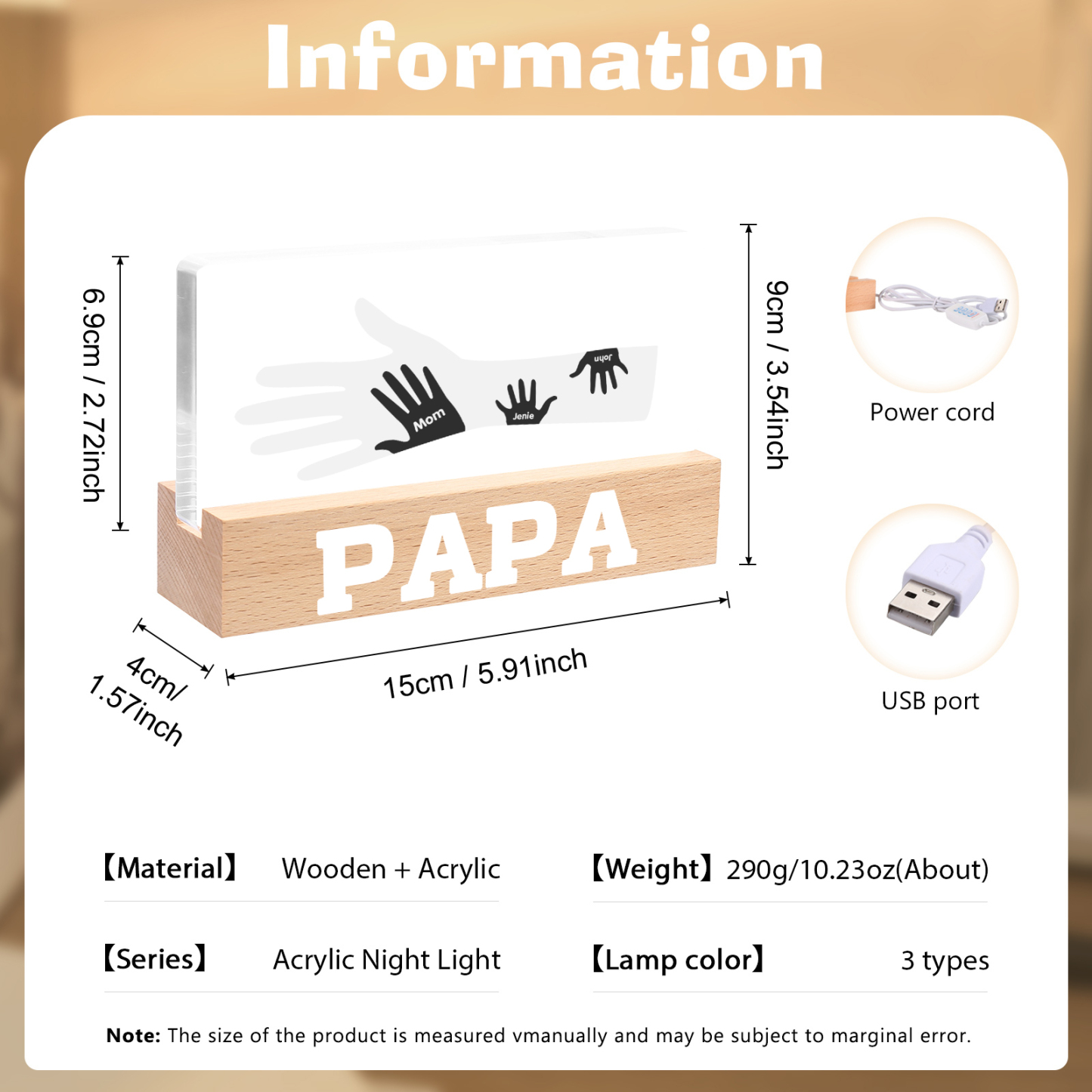 À Papa/Maman- Lampe de chevet LED Mains 3 Prénoms Personnalisés avec Texte pour Famille