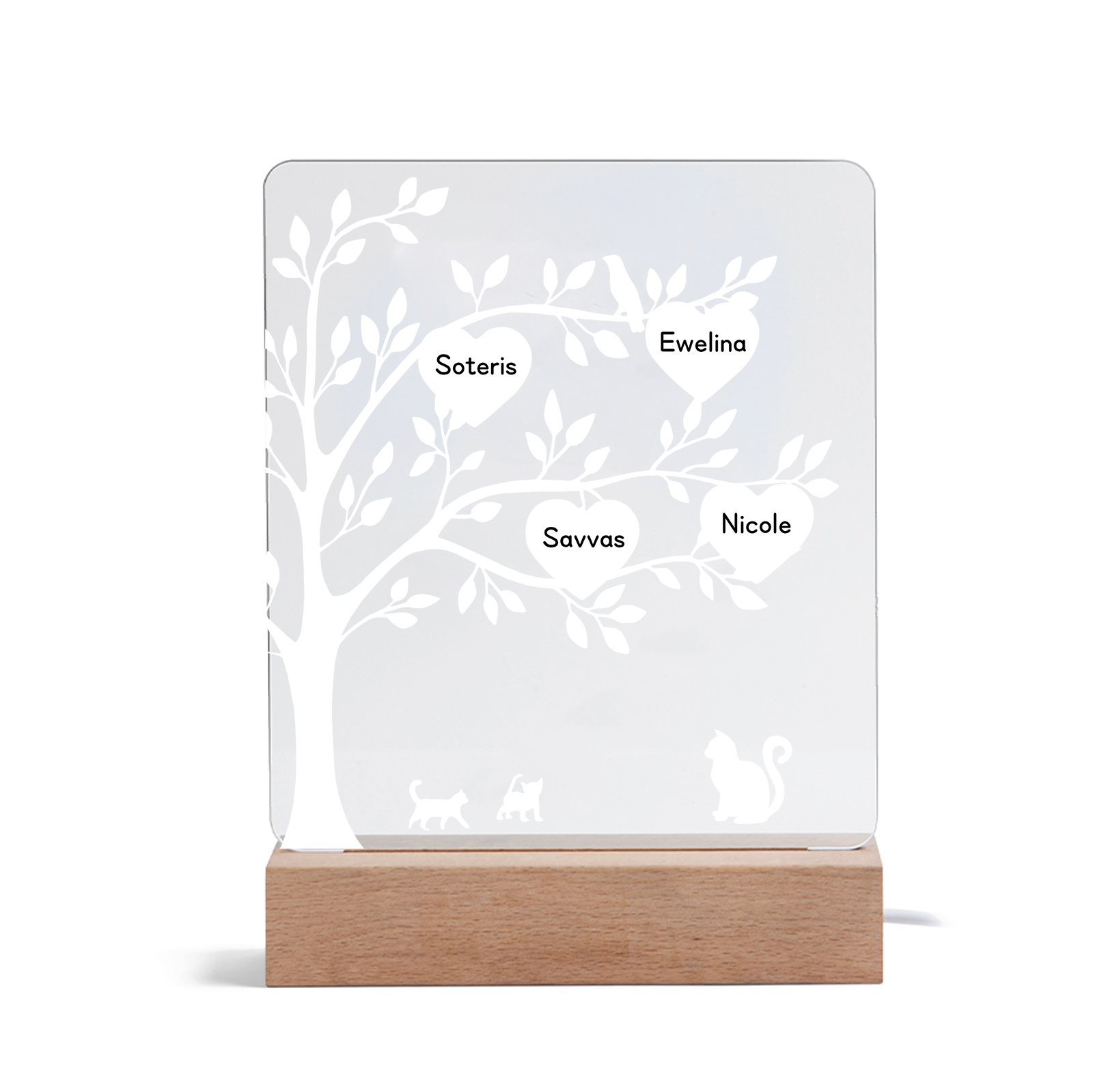 À Maman/Mamie - Lampe de chevet LED Arbre et Chat 4 Prénoms Personnalisés