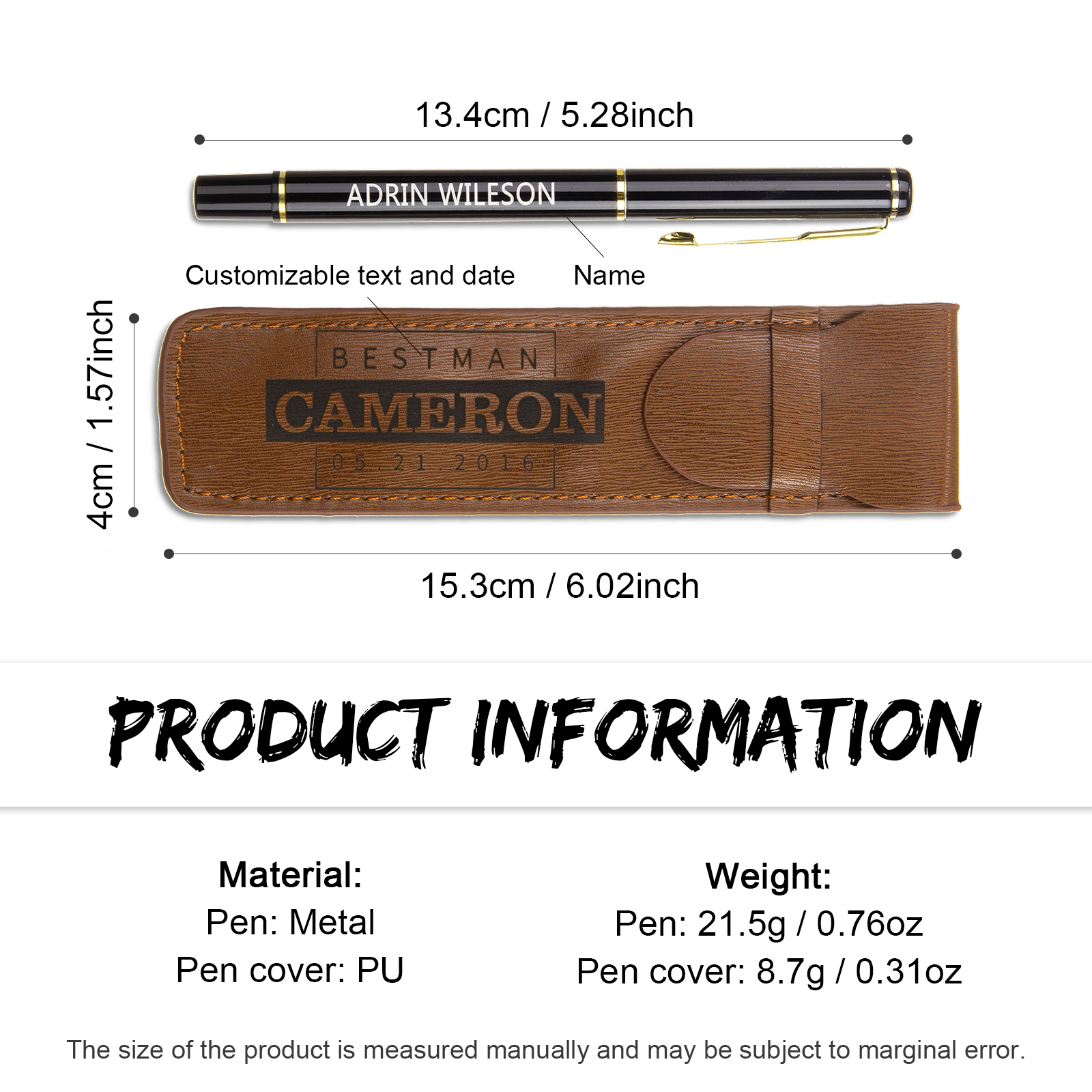 Porte-Stylo en Cuir PU Prénom Personnalisé avec un stylo