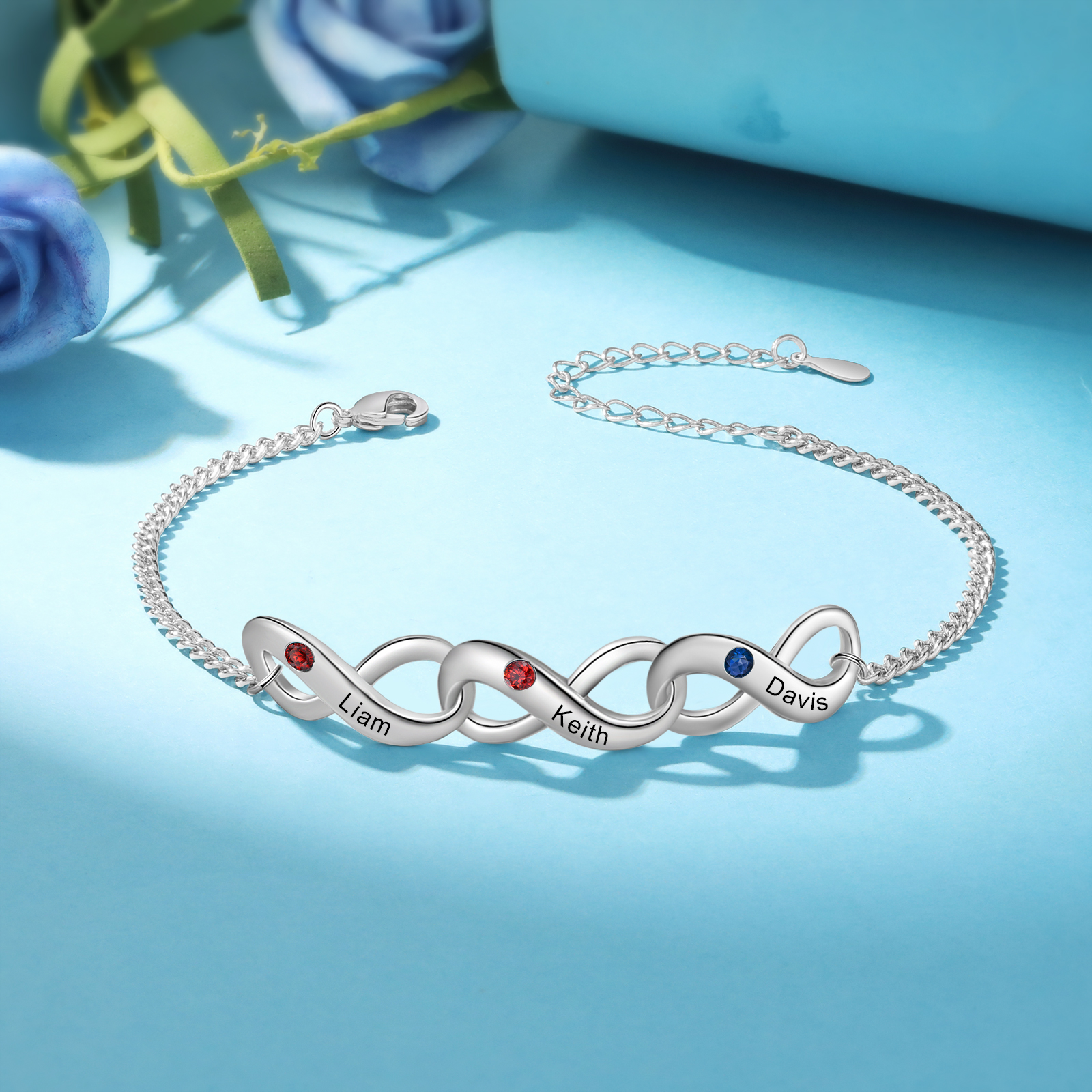 Bracelet Infini 3 Prénoms Personnalisés avec Pierres de Naissance pour Femme