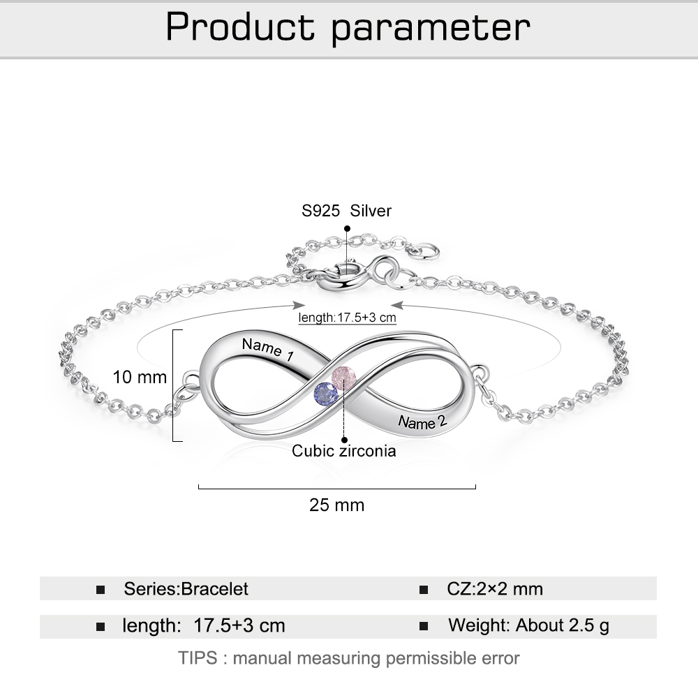 Bracelet Infini en Argent 925 réglable personnalisé avec 2 Pierres de Naissance et Noms