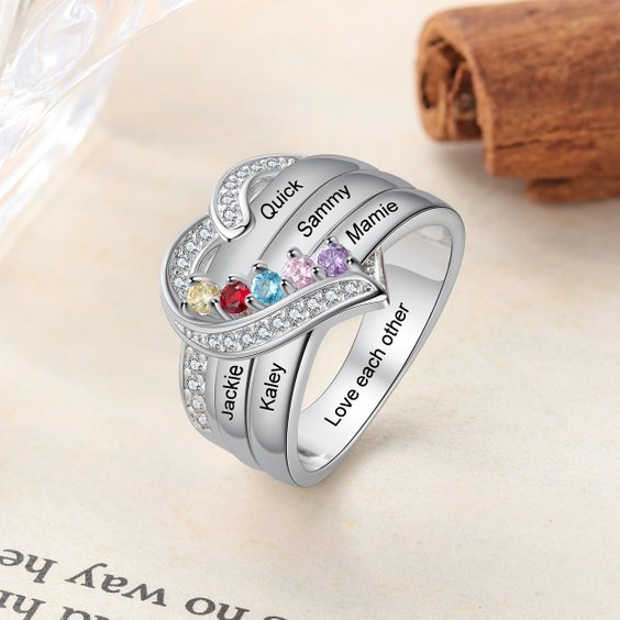 Bague Argent 925 5 Prénom Personnalisé avec 5 Pierre de Naissance